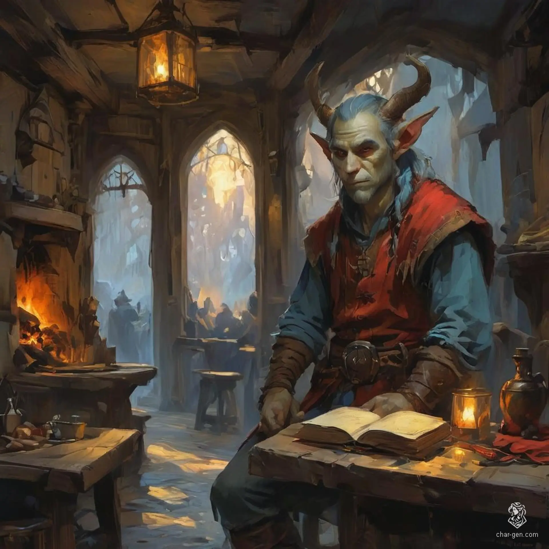 A gentle firbolg giant with light blue skin, big elf-like ears, and vibrant red hair, this friendly figure stands behind the tavern counter in a bartender's apron. As the innkeeper, they warmly manage patrons, rooms, and meals, welcoming all with a large, round-nosed smile.
