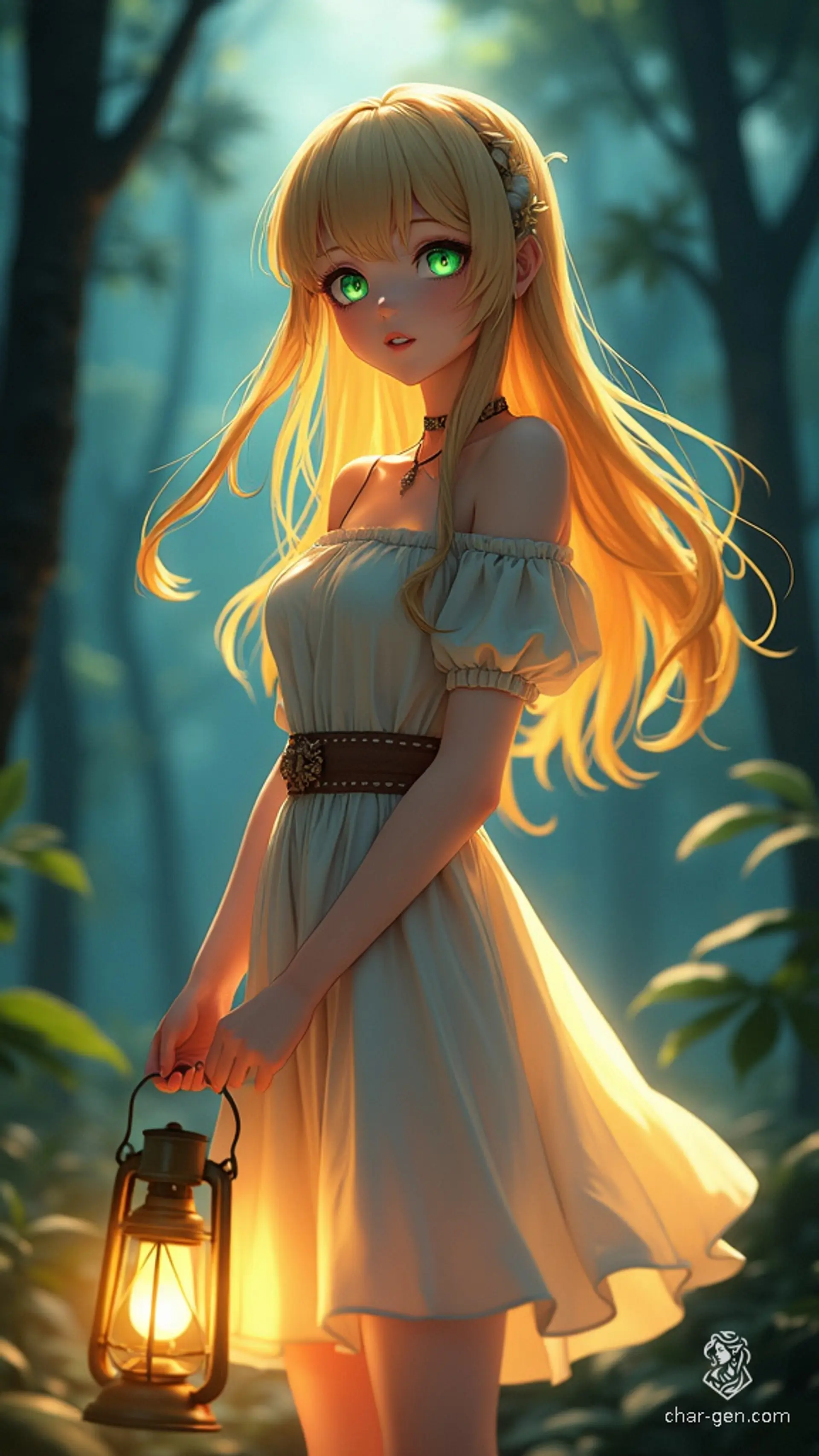 A captivating 4K anime-style digital drawing of a female character inspired by Slavic folklore. She has long, radiant golden hair, bright green eyes, and wears a glowing light-colored dress. Holding a shining lantern, she stands in shadowy woods with beams of light piercing the darkness. Her radiant skin and detailed anatomy are enhanced by a blurred background for a three-dimensional effect.