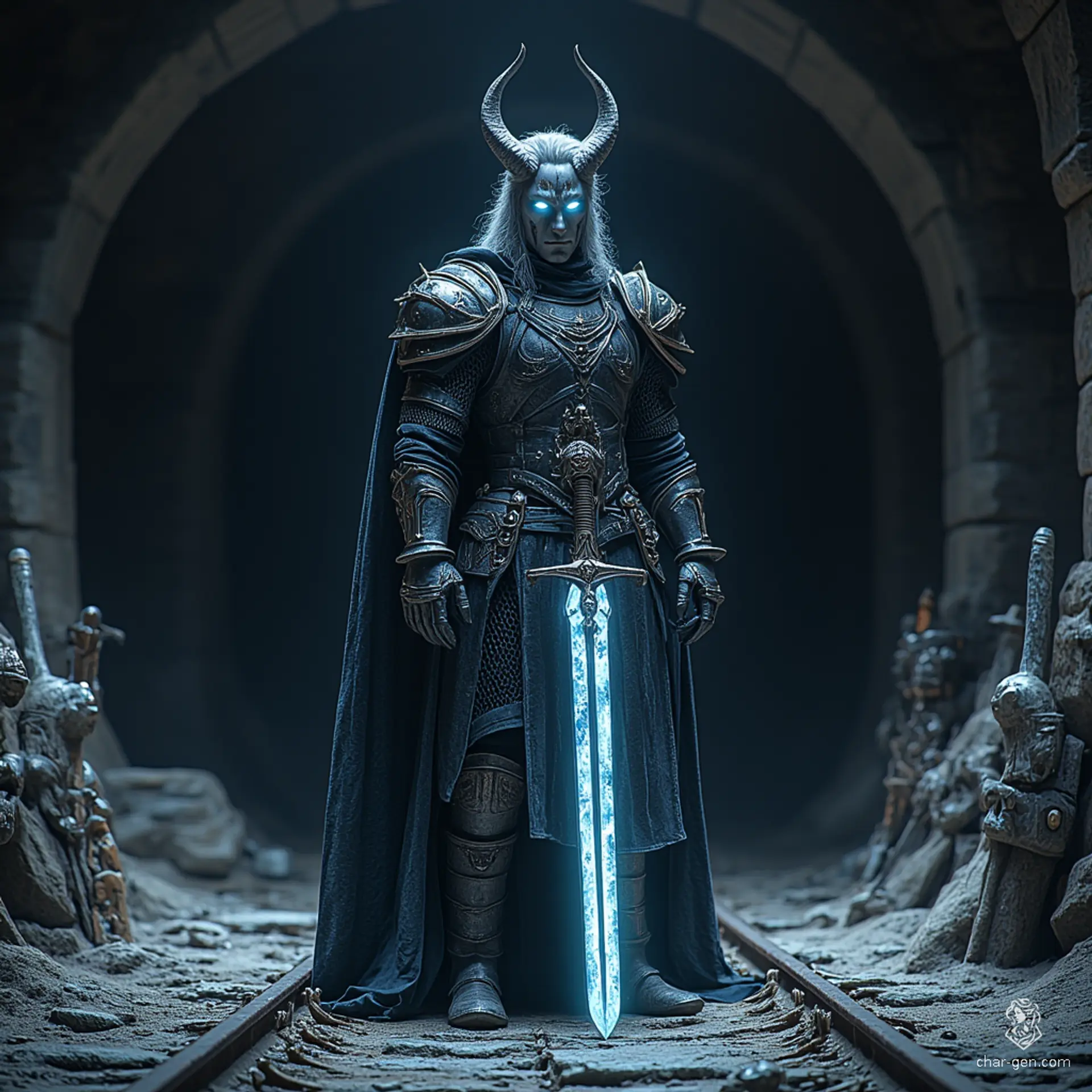 Elceran, a 347-year-old shadar-kai fighter, stands tall at 6 feet with raven hair, obsidian eyes, and a greyish complexion. Clad in intricate splint armor, he wields a greatsword, haunted by guilt and seeking redemption while conversing with unseen spirits. Compassion eludes him as he embraces his shadowy heritage.