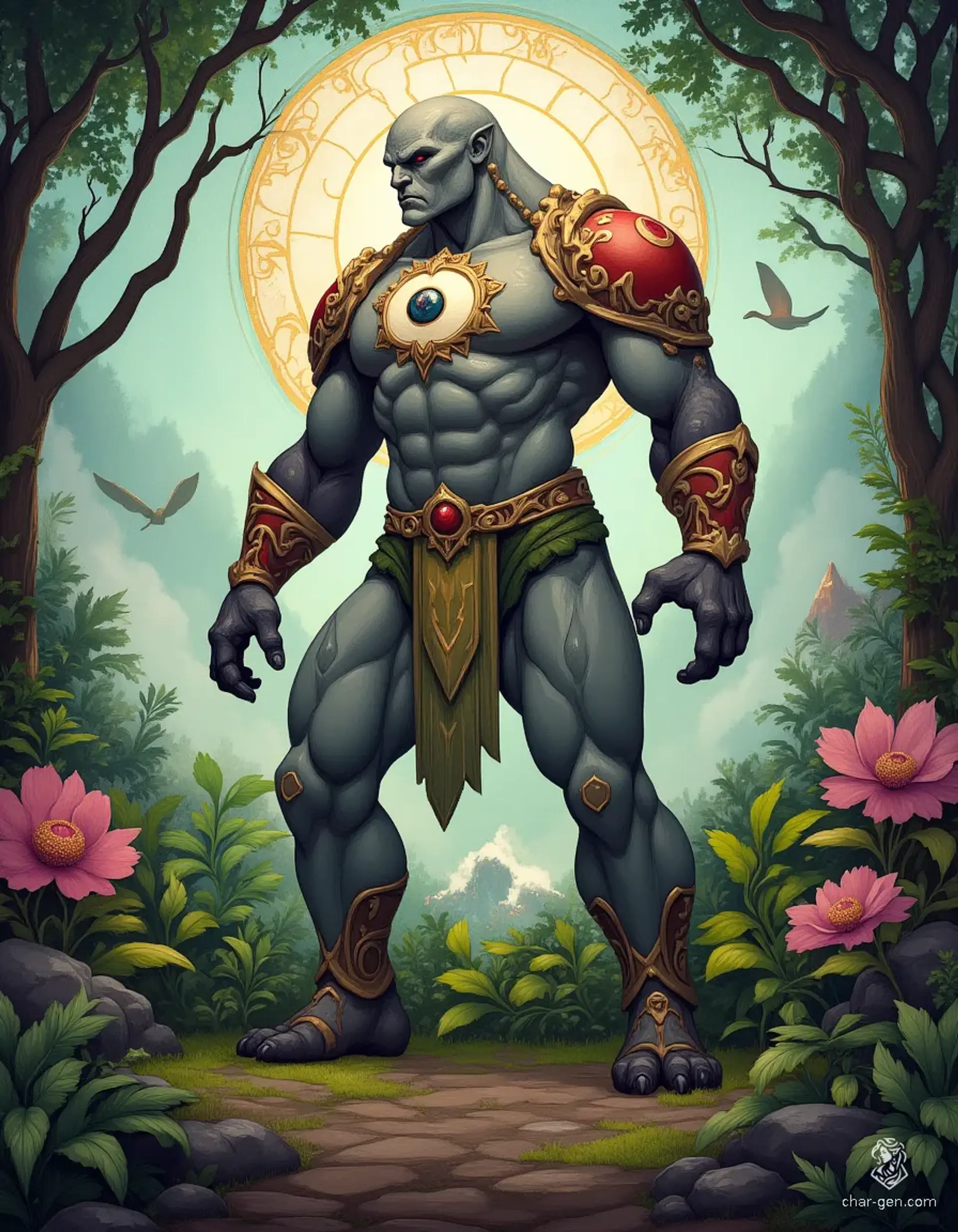 The Cyclopean Brute is a towering giant with rough, gray skin and a formidable muscular build. Its most striking feature is a singular, enormous eye in the center of its forehead, granting it unique sight capabilities. Fierce and intimidating, it roams the land, feared by many.