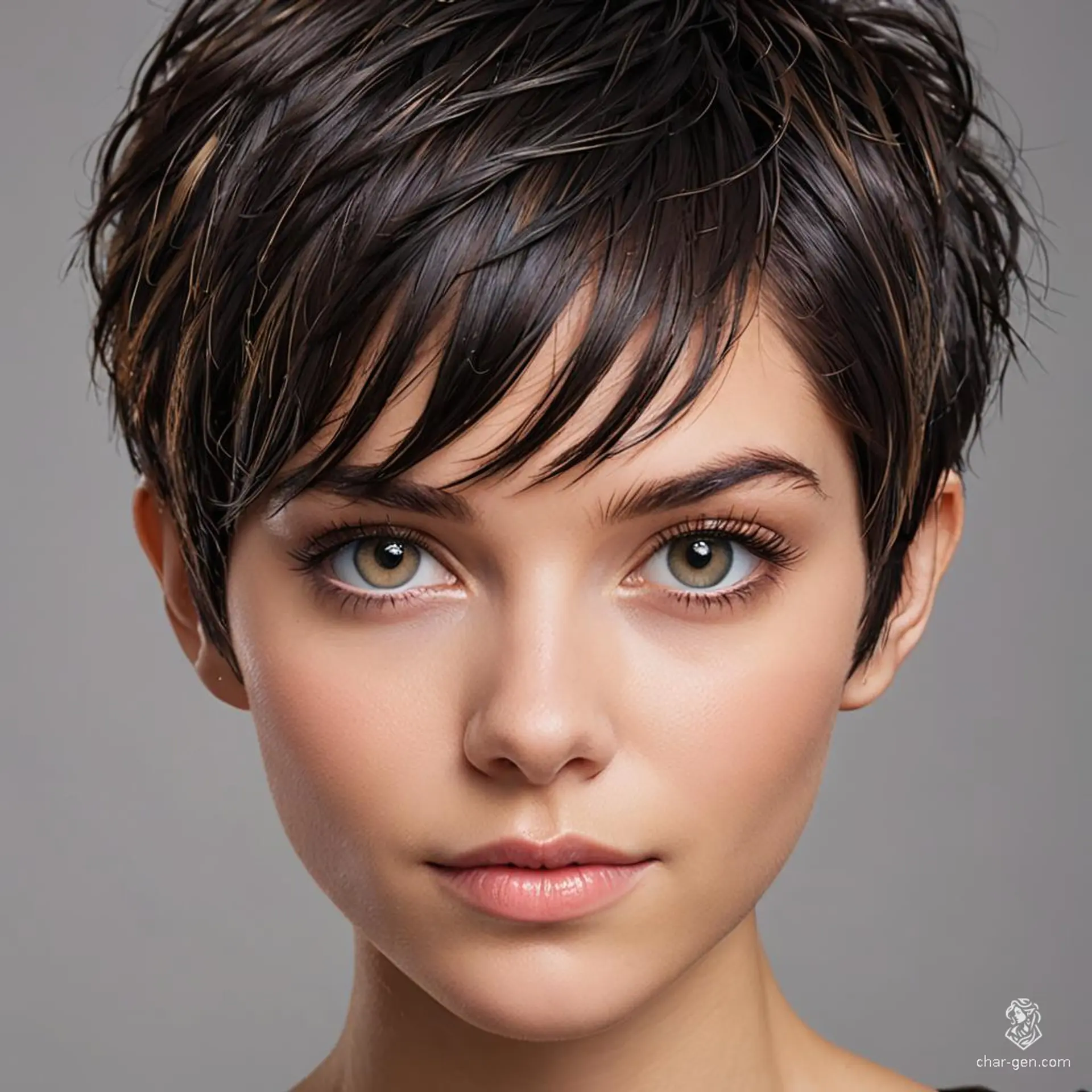 Una guerrera de 30 años, con cabello oscuro en un corte pixie y grandes ojos de un tono claro. Viste una armadura de cuero marrón y empuña una espada corta con determinación. Su fiel perro blanco la acompaña, siempre alerta ante cualquier peligro.
