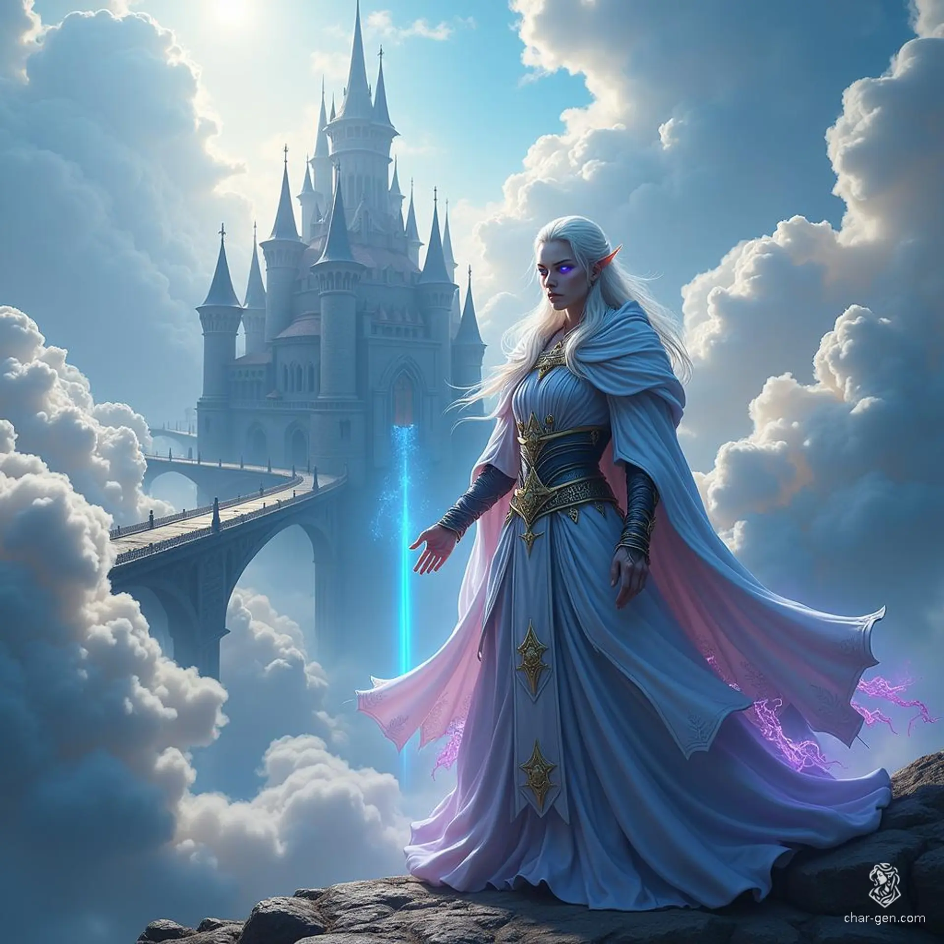 This celestial aasimar sorcerer radiates a soft, divine glow, their unusual eyes sparkling with arcane wisdom. Adorned in enchanted garments etched with mystical sigils, they command an aura of magic, blending heavenly grace with potent sorcery as they navigate the realms of light and shadow.