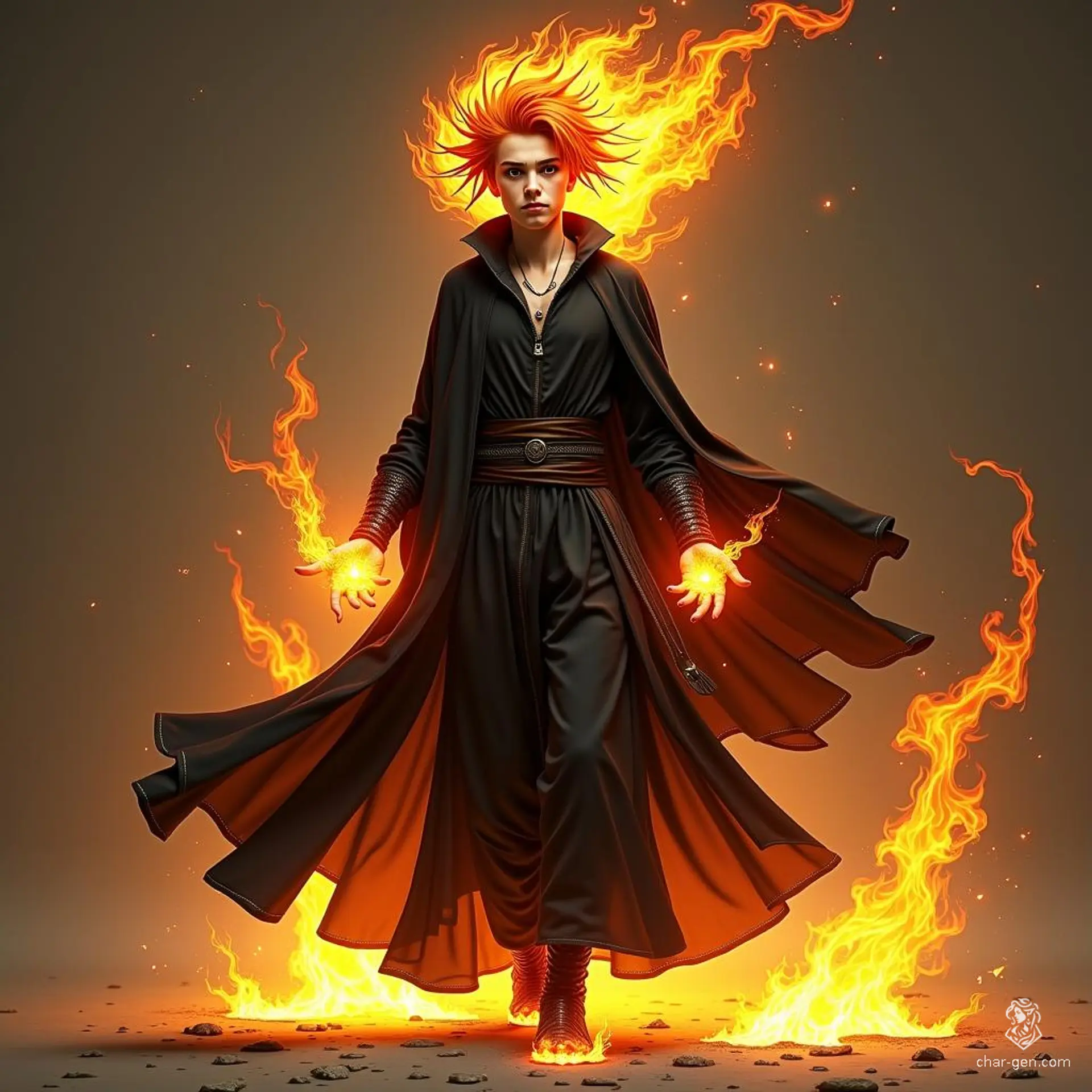 A young Fire Genasi Sorcerer, with pale skin and cascading flames for hair, dons a flowing black robe adorned with dragon scales. Encircled by a fiery aura, his every step leaves behind glowing imprints, embodying the raw power of fire and magic.