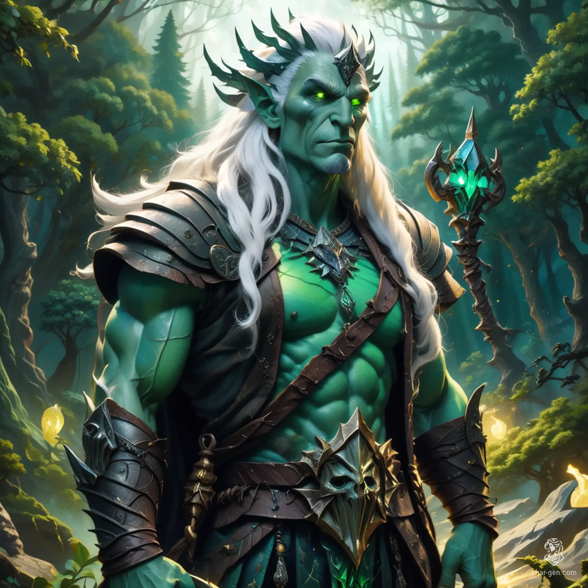 Milias Ixamath is a towering Triton druid with a blue upper half and scaly, webbed lower body. Clad in intricately detailed scale mail and druidic garb, he wields a quarterstaff while documenting the mysteries of nature and weather. Wise and hardy, he thrives alongside his animal companions.