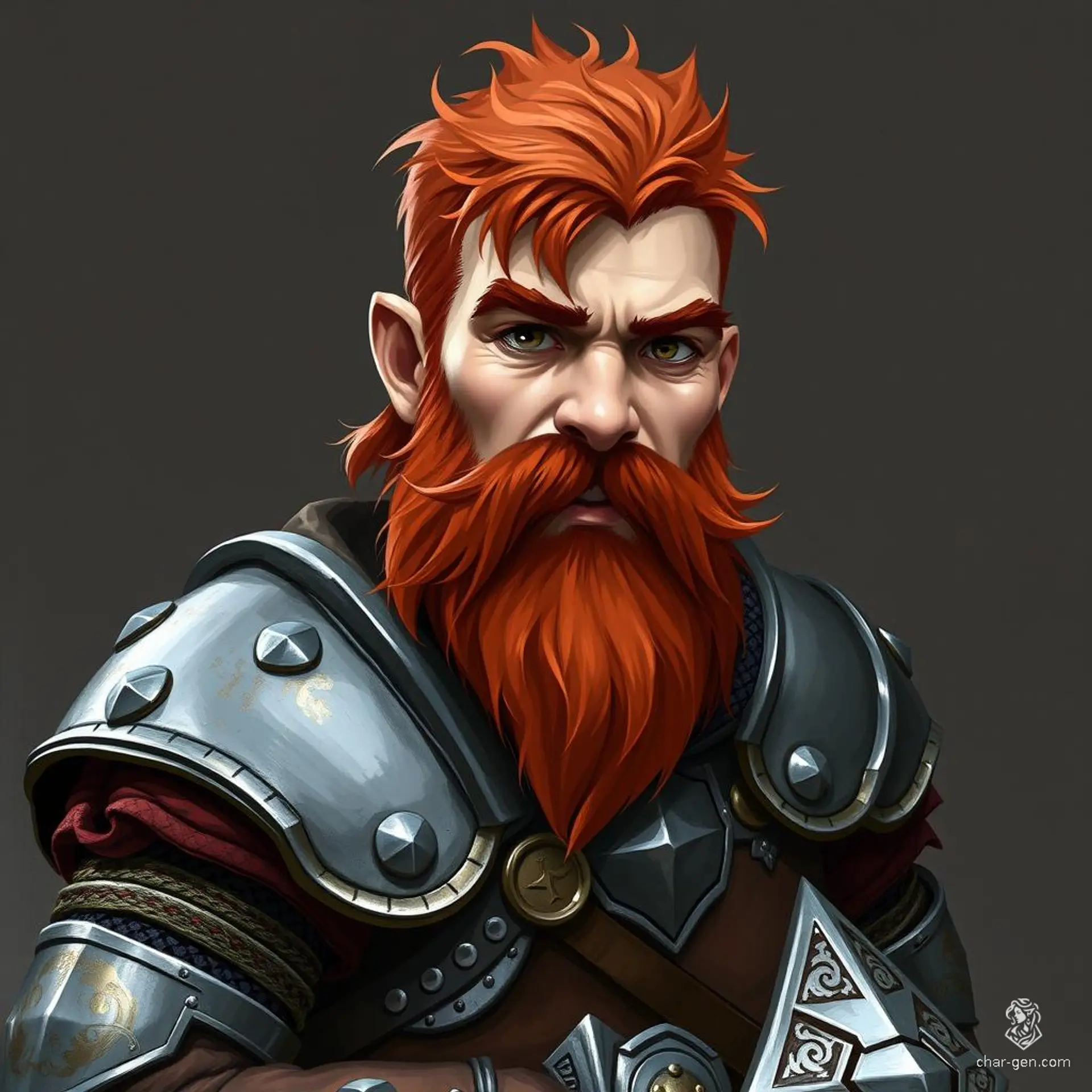 Grimnar Ironfist is a stout warrior dwarf, renowned for his fiery red beard and hair. Clad in sturdy steel plate armor, he wields his battle axe with unmatched skill. His piercing brown eyes reveal a fierce bravery, embodying the spirit of his proud lineage and the heart of a true defender.