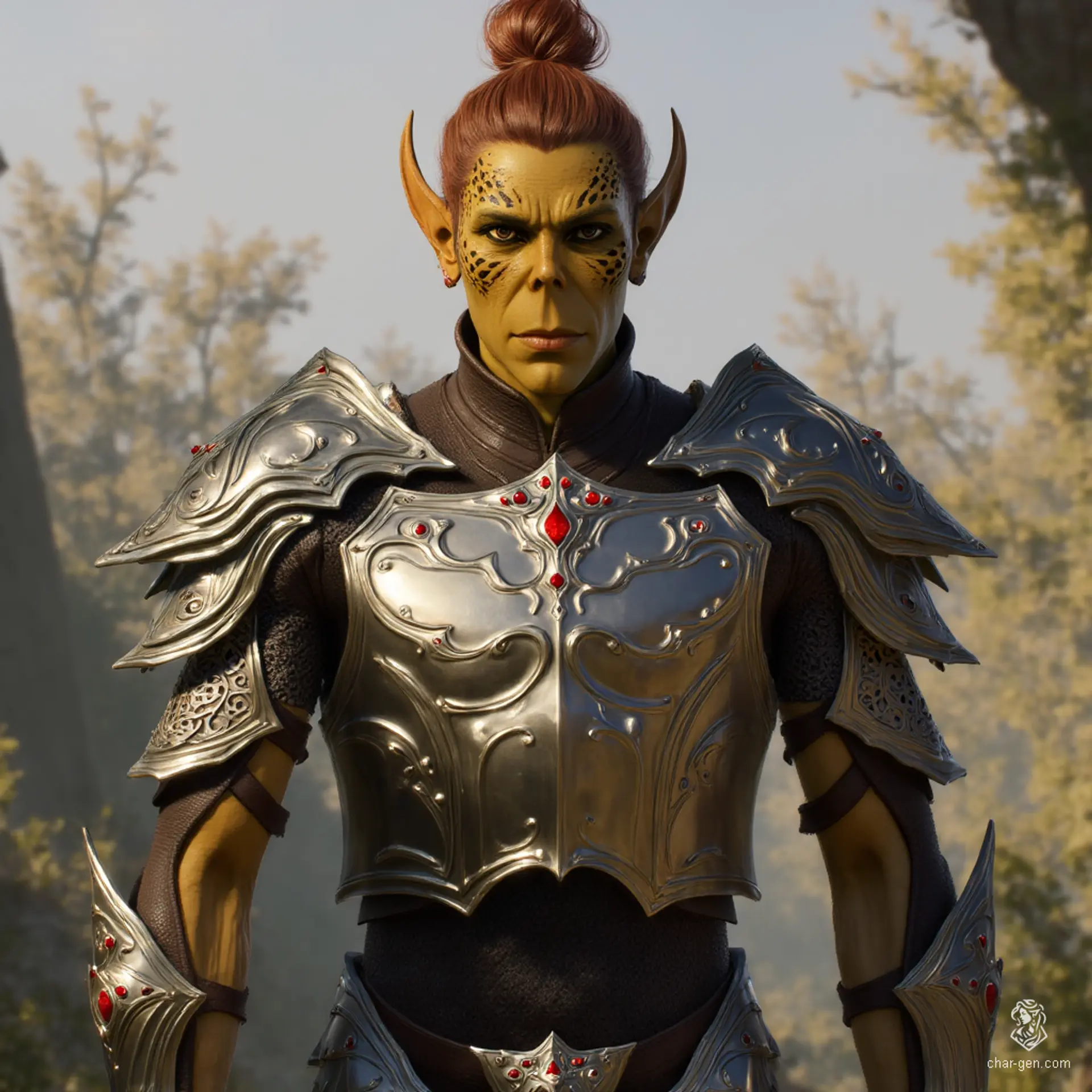 A tall, gaunt githyanki warrior, clad in gleaming plate armor, exudes an imposing presence. His rough, dirty yellow skin contrasts with russet hair tied in a topknot, while his Voldemort-like skull nose adds an eerie aura to his formidable visage.