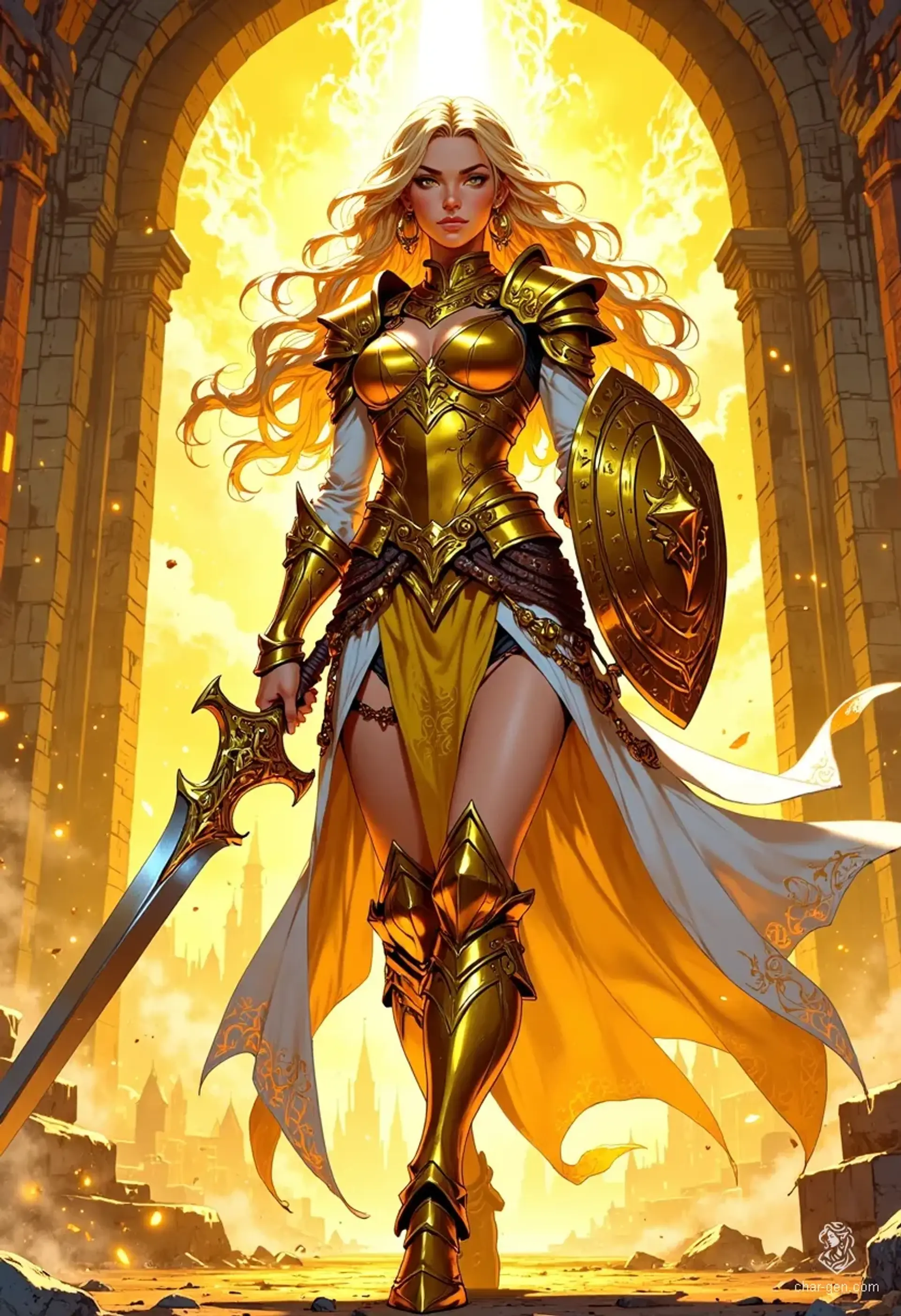 Behold the enchanting Aasimar paladin, a radiant guardian of light. Her golden skin glows with celestial energy, while her luminous eyes reflect compassion and strength. Adorned in shimmering armor and wielding a glowing sword, she embodies divine beauty and unwavering courage, a true beacon of hope amidst darkness.