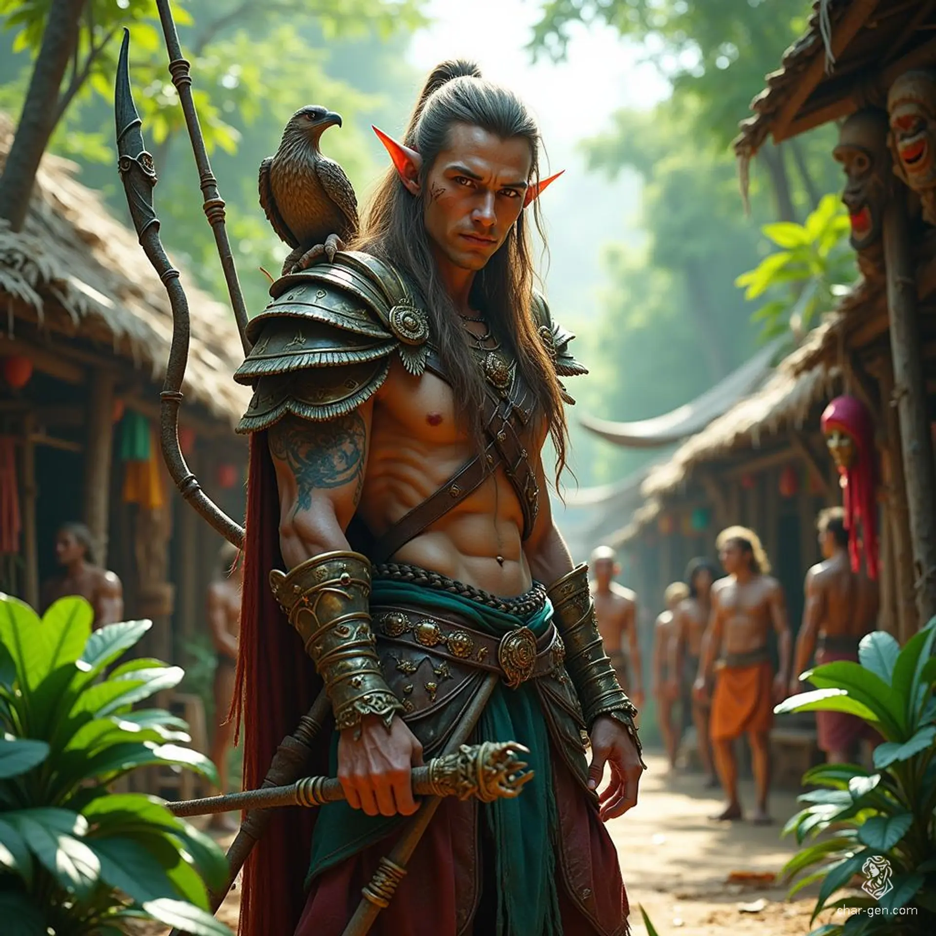 A nimble, 25-year-old Wood Elf druid, Spiritborn embodies the jungle's essence. Mastering powerful summoning, he commands spirit guardians like an eagle and jaguar. With a glaive in hand and adorned in intricate hides, he moves with agility, striking fiercely while deeply connected to nature’s wisdom.