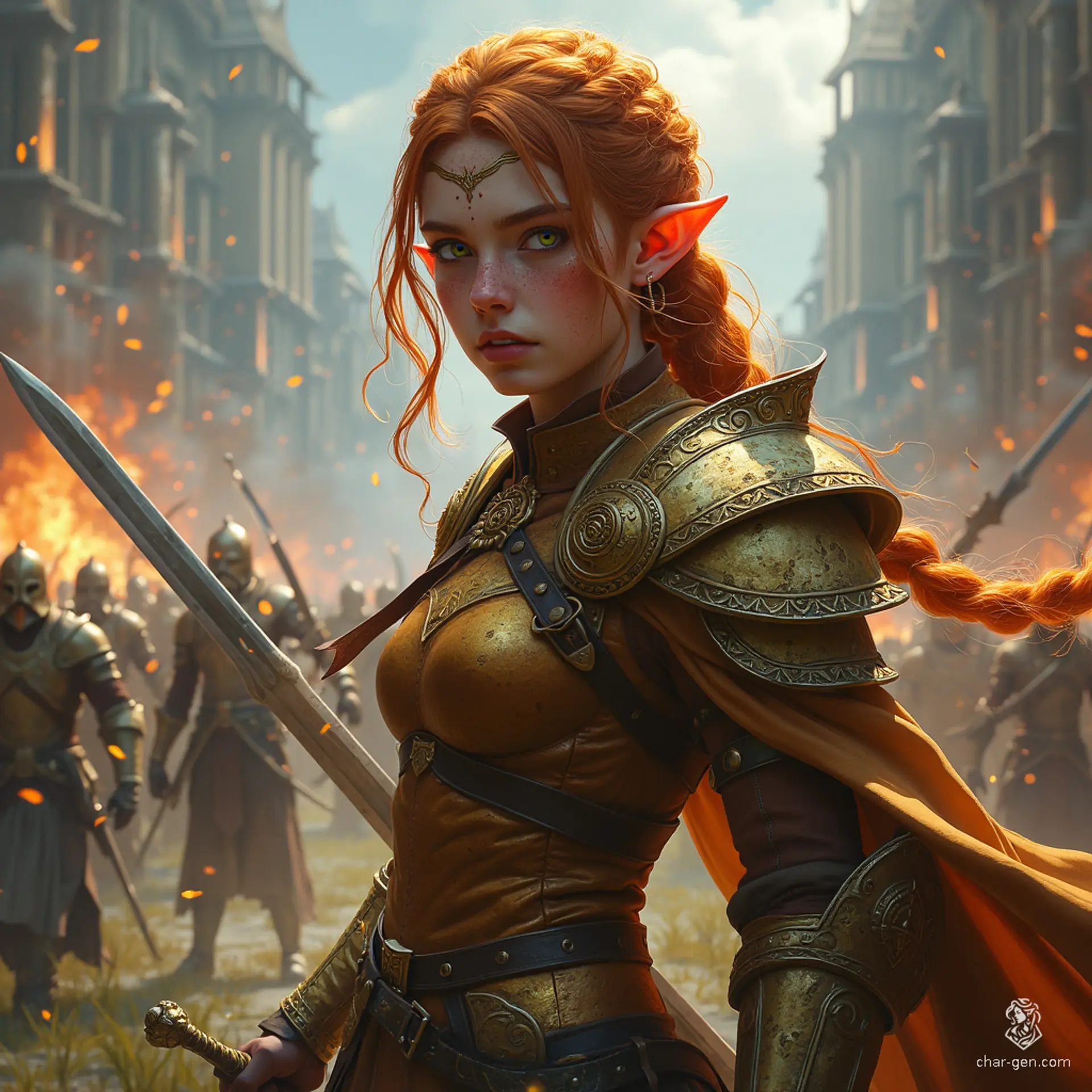**Shanyn Summary**: Shanyn, a 6'2", hardy and strong female fighter, wields a longsword with confidence. Bearing intricate leather armor and distinct freckled golden scales, her green eyes and braided copper hair hint at her dragon ancestry. A noble by birth, she guards a secret that could reshape her family's legacy.