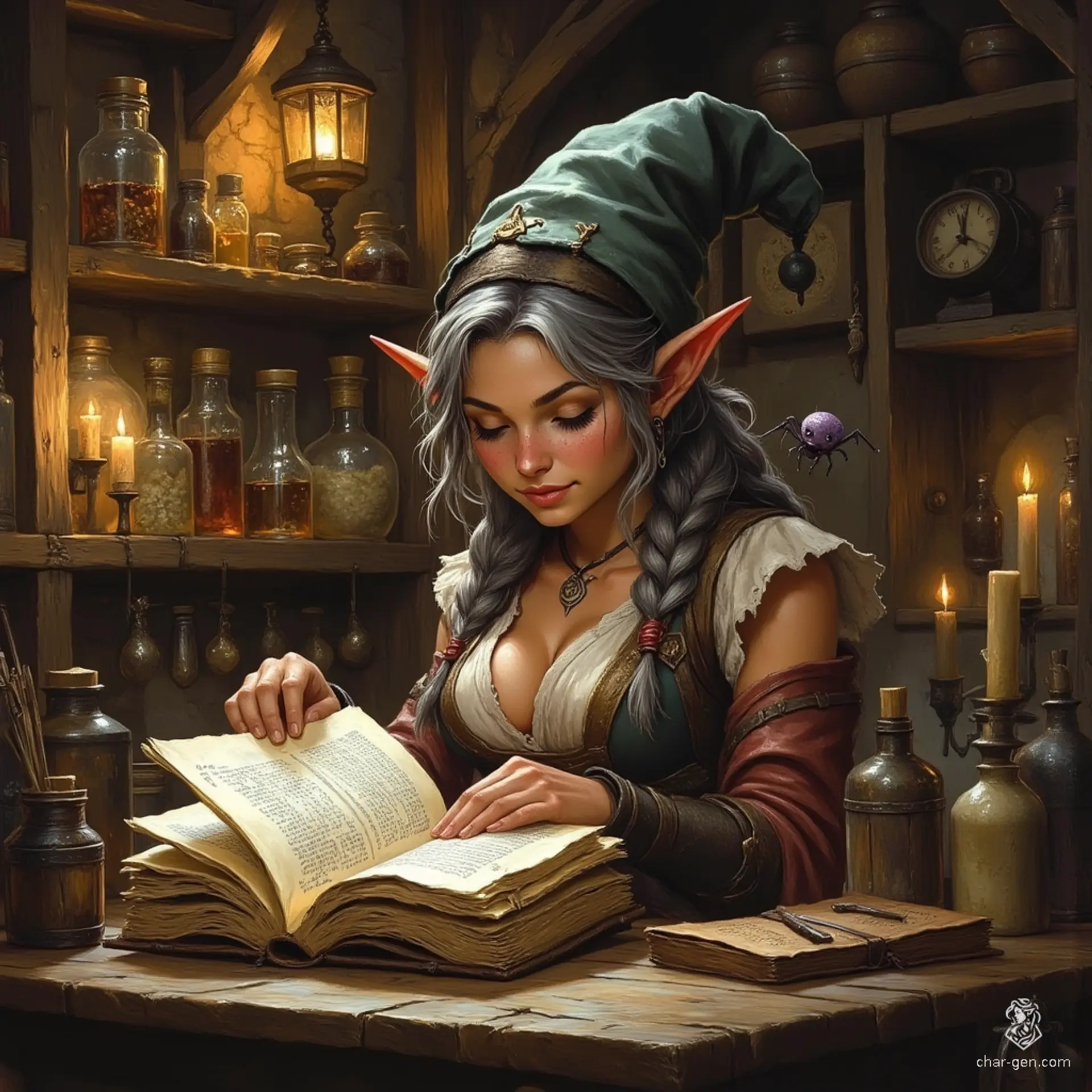 Maryam is a wise, elderly elf witch with a slender, graceful frame and tanned skin marked by gentle wrinkles. Her warm, tea-colored hair, tinged with grey, flows into a loose ponytail beneath a small pointed hat. With inquisitive topaz eyes framed by rimless spectacles, she passionately studies witchcraft in her cozy apothecary lab, surrounded by potions and ghostly spider familiar. Maryam embodies a blend of competence and excitement, perfecting the art of mystical science.
