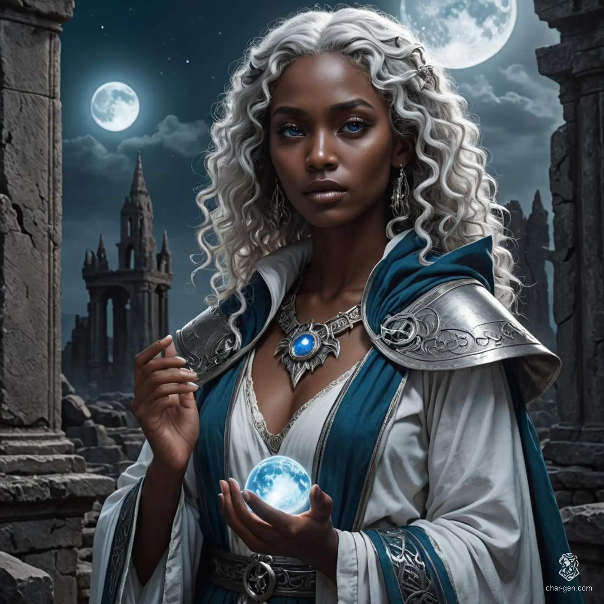 Beneath the celestial dome, a mesmerizing half-elf cleric, with dark skin and flowing white curls, stands as a testament to the moon goddess's grace. Her blue eyes shimmer with divine magic, and her sacred robes envelop her in tranquility. This serene guardian, adorned with a holy symbol, wields healing powers that soothe the soul, mirroring the calm of the starlit sky above.