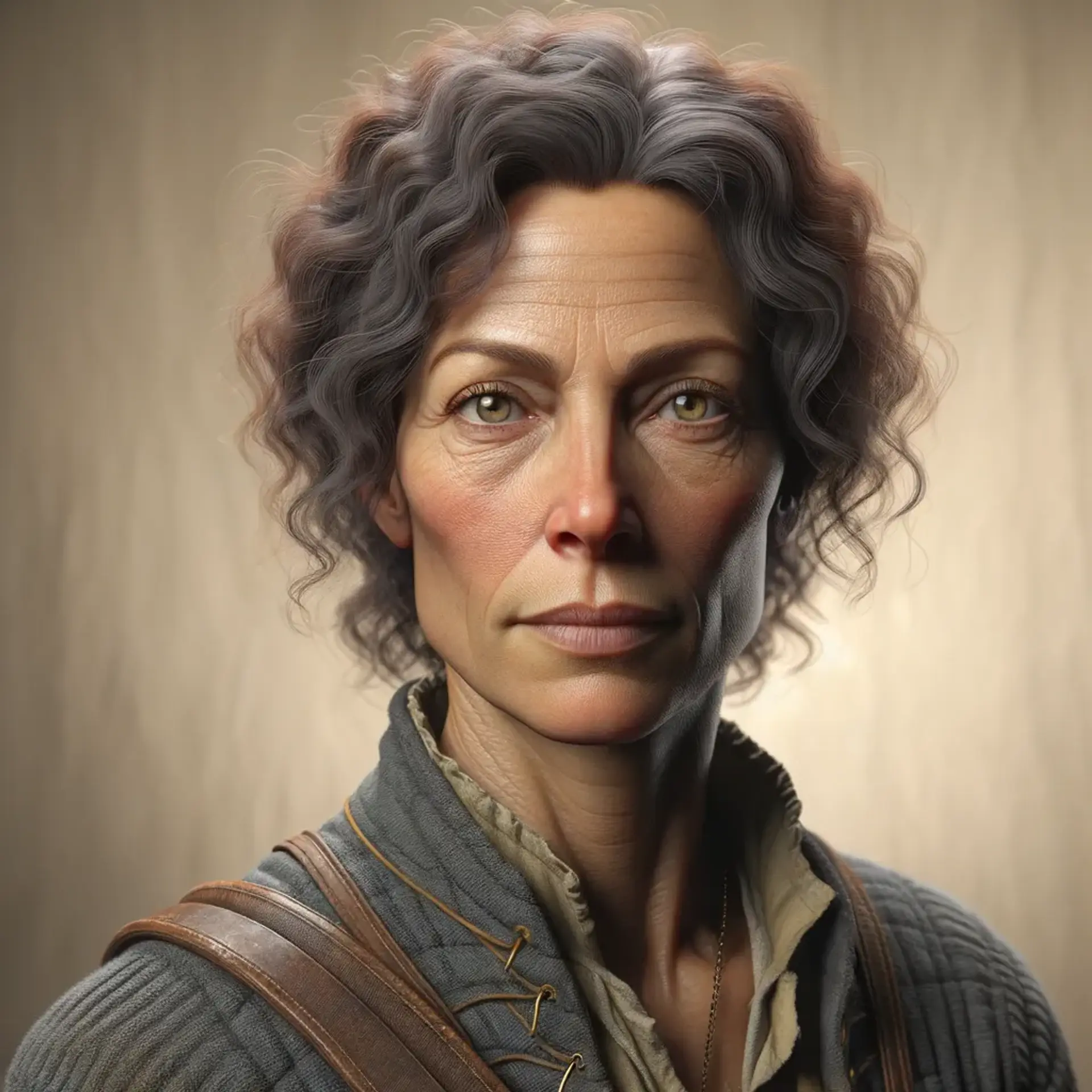 A sharp-tongued, middle-aged redhead with olive skin and curly hair, she works as a prostitute in a modest medieval brothel. Known as a cunning collector of secrets, her weathered face and frown lines betray years of hard life and keen observation.