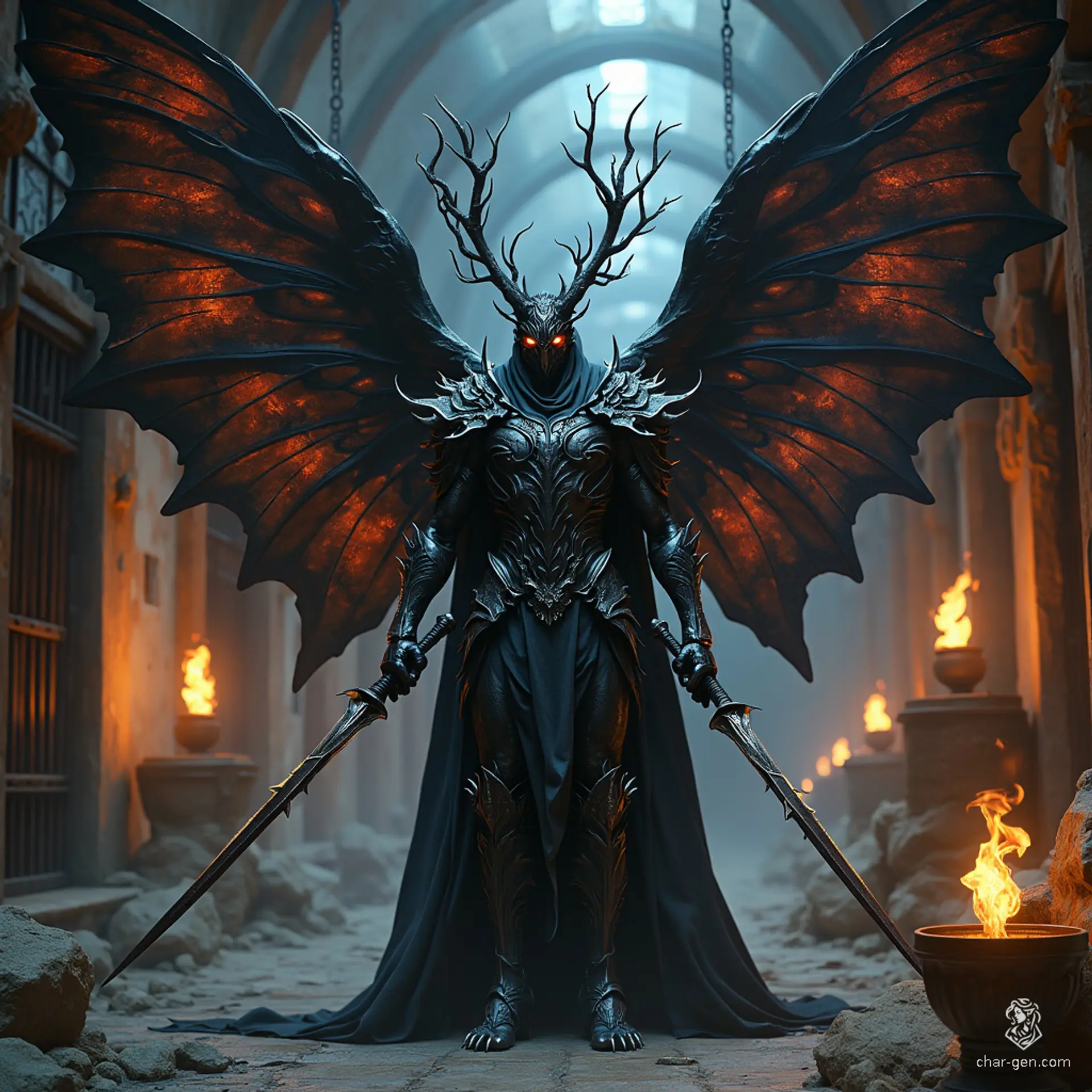 A menacing dark fey god combines fairy and demonic elements, featuring large, dark moth-like wings with glowing patterns. Adorned in vine-textured dark armor, it has a stern face with glowing eyes and a crown of thorny branches. Holding swords with black, flaming wings, it stands amidst torchlit shadows.