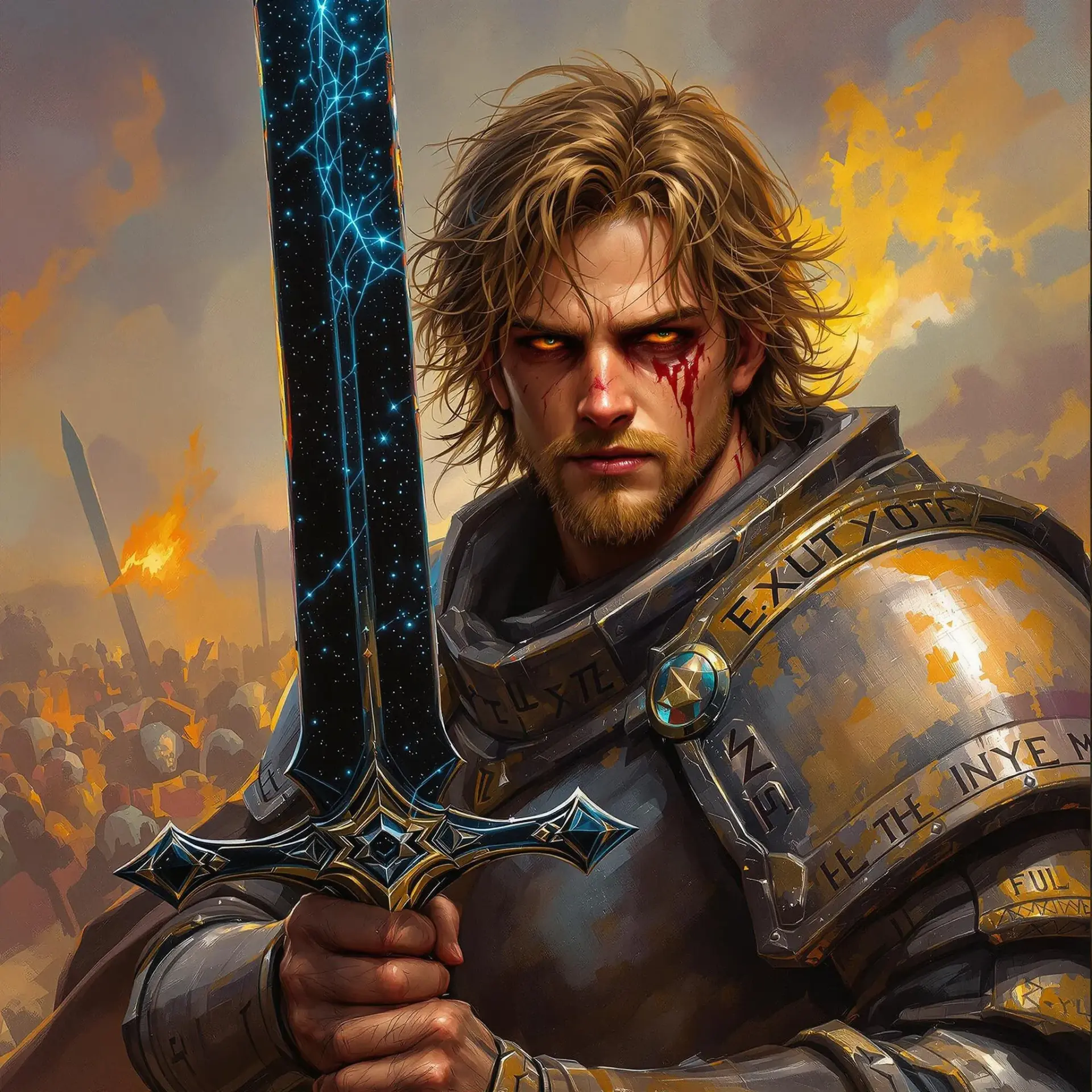 A young knight in his mid-20s stands resilient on the battlefield, clad in thick stone armor etched with glowing runes. His disfigured face tells tales of bravery, while a black glass sword, reminiscent of a starry night, glimmers at his side. Vibrant colors and expressive brushstrokes capture his fierce spirit.