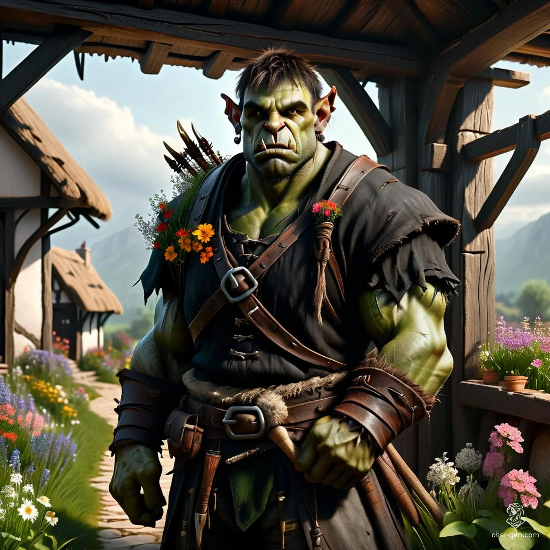 A half-human, half-orc farmer with grey, textured skin, tusks, and jet black crew-cut hair. He has heavy sideburns and an intimidating presence, often seen wielding hoes and scythes in the fields. His human facial features and moderate build contrast sharply with his orcish attributes.