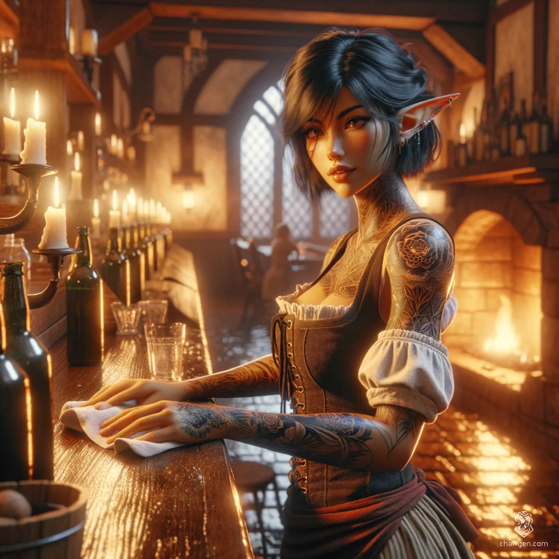 A jet-black-haired, tattooed-skinned female elf bartends with skill, wiping down counters and serving drinks among barrels and bottles to lively patrons. Her distinct, intricate tattoos sharply contrast her skin, making her a striking figure in the bustling tavern.