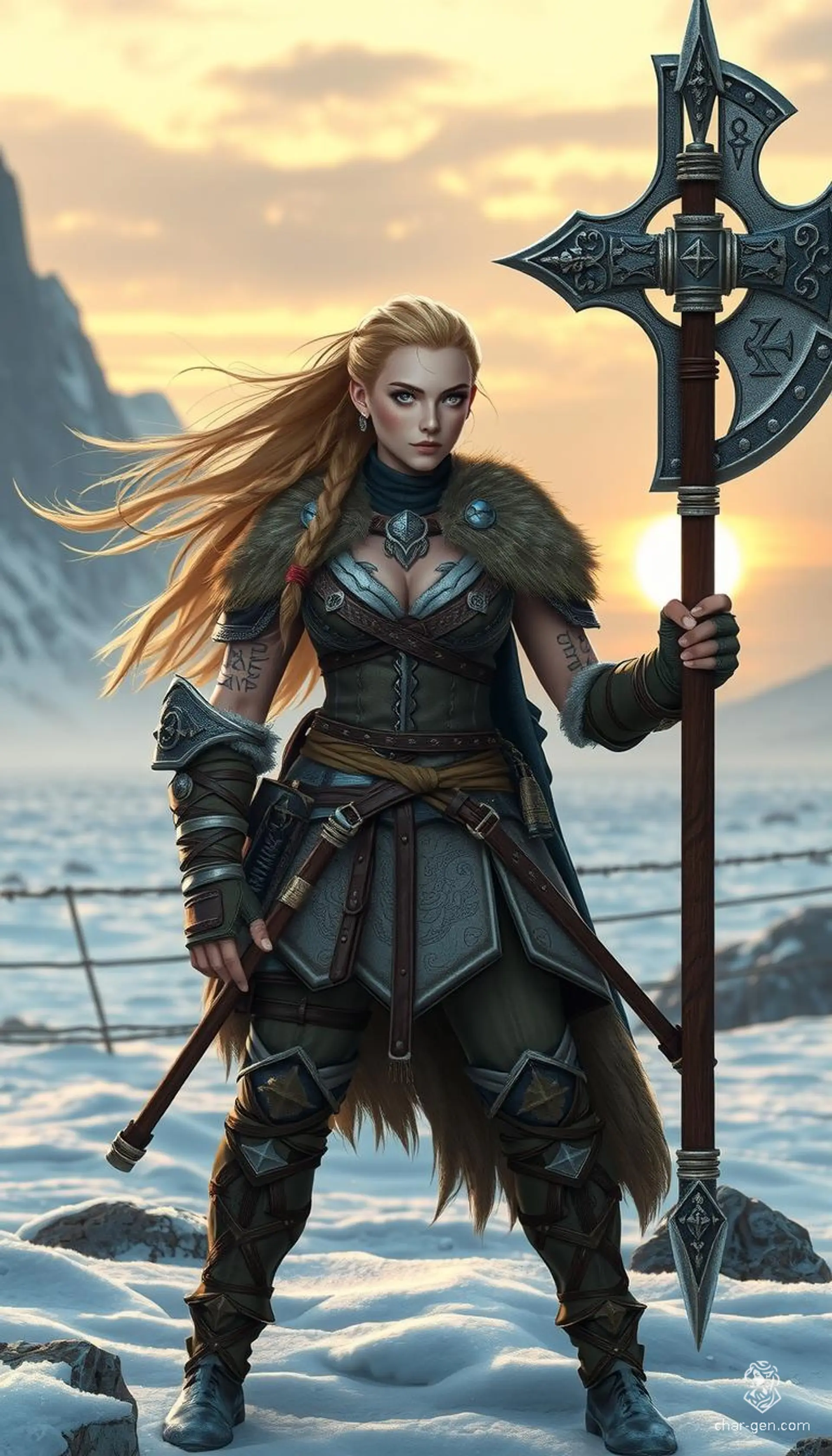 In a stunningly detailed, life-size cinematic frame, a fierce female Viking warrior stands dominating a snowy battlefield. Her braided blonde hair flows wildly as she holds a glowing, rune-etched double-headed axe aloft. Clad in heavy furs and leather, with Nordic tattoos marking her muscular arms, she embodies raw, untamed Norse power amidst a desolate frozen landscape.