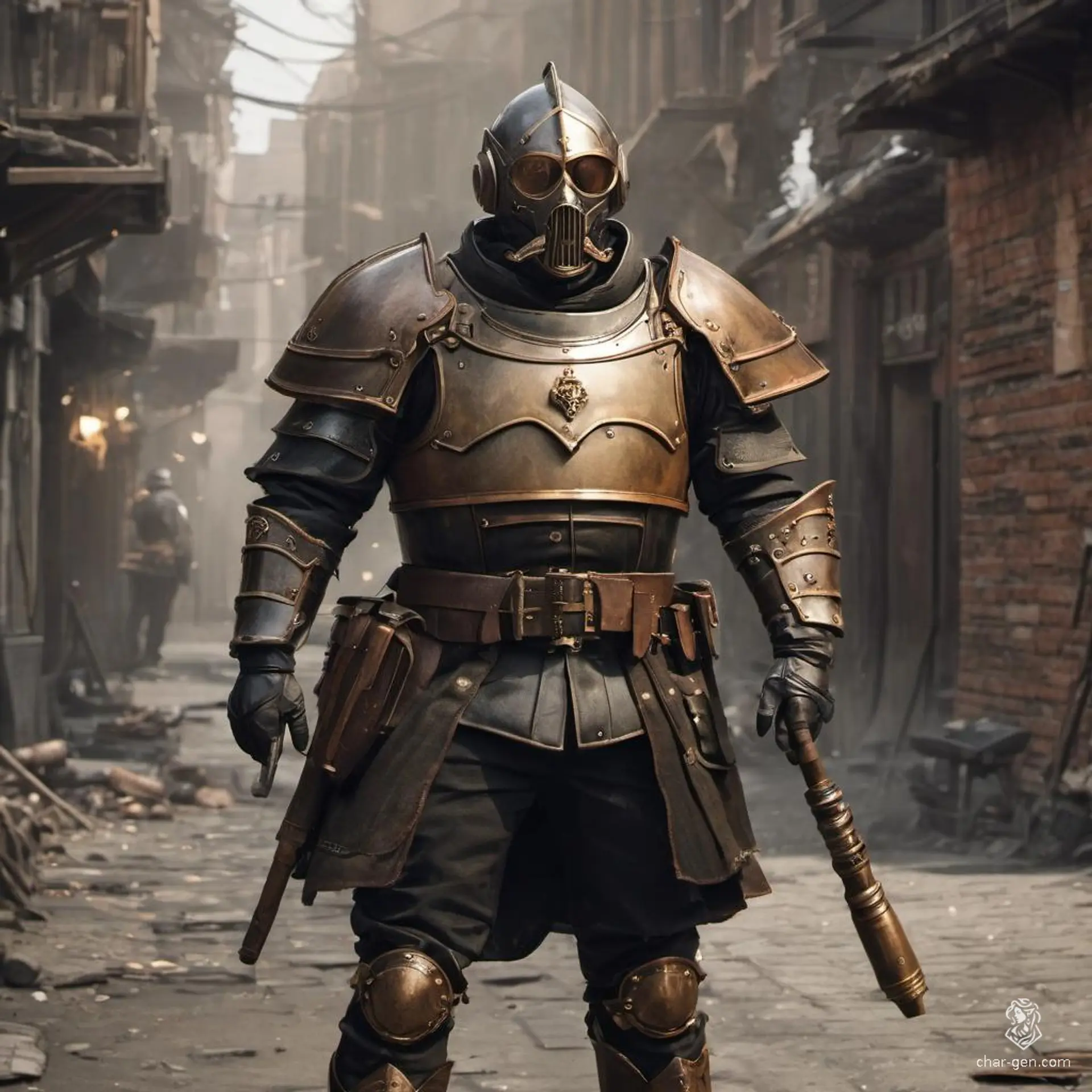 In a gritty, smoke-filled slum, the Steampunk city guard stands vigilant, clad in basic leather armor and simple attire. Wielding a sturdy baton, they embody both authority and resilience, patrolling the cobbled streets where steam and shadows intertwine, keeping a watchful eye over the downtrodden.