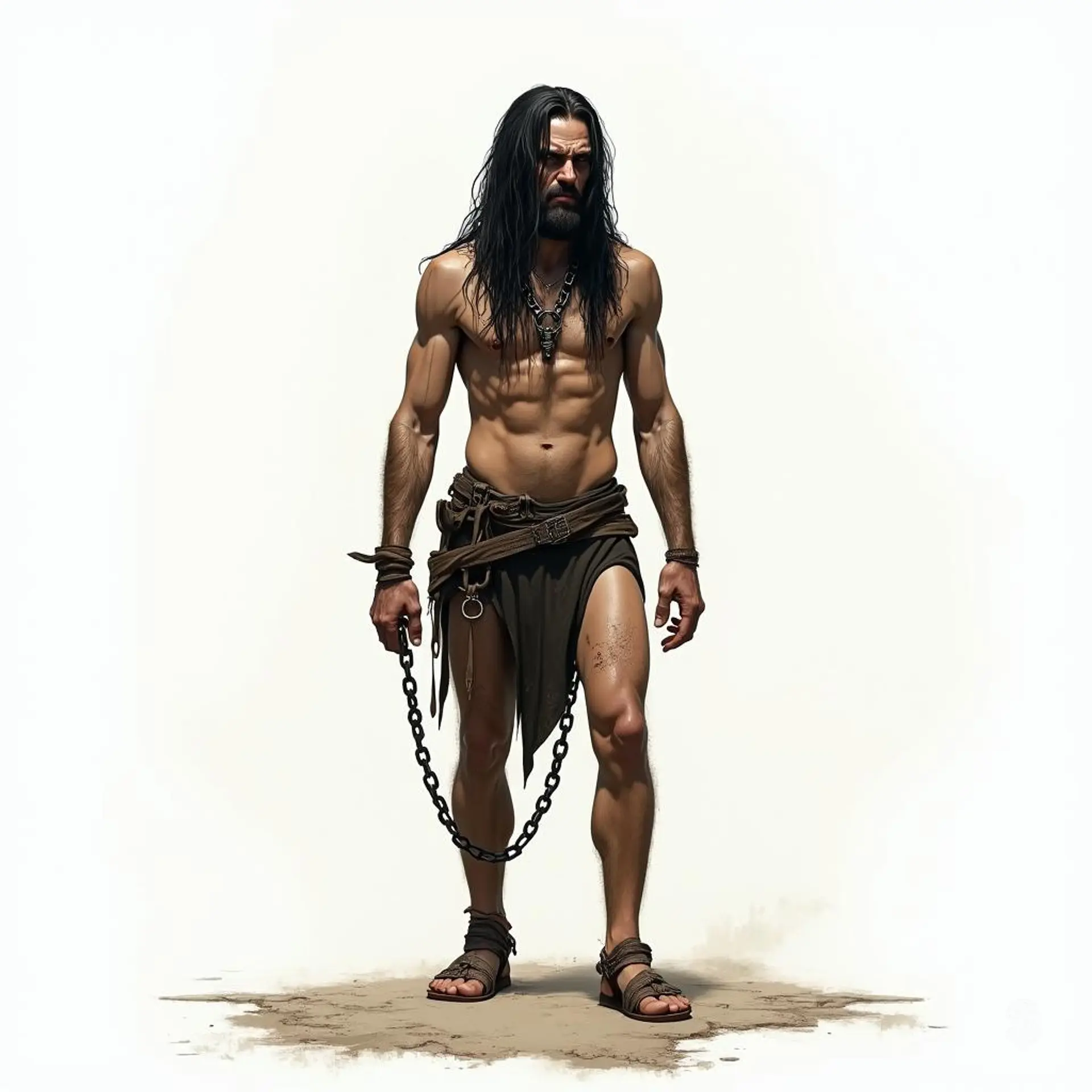 Meet Kael, a towering, gaunt figure shackled in chains, his long black hair framing a face etched with fury. Once a noble warrior, he now haunts the ethereal realm, embodying both anguish and resilience, captivating all with his majestic, otherworldly presence.