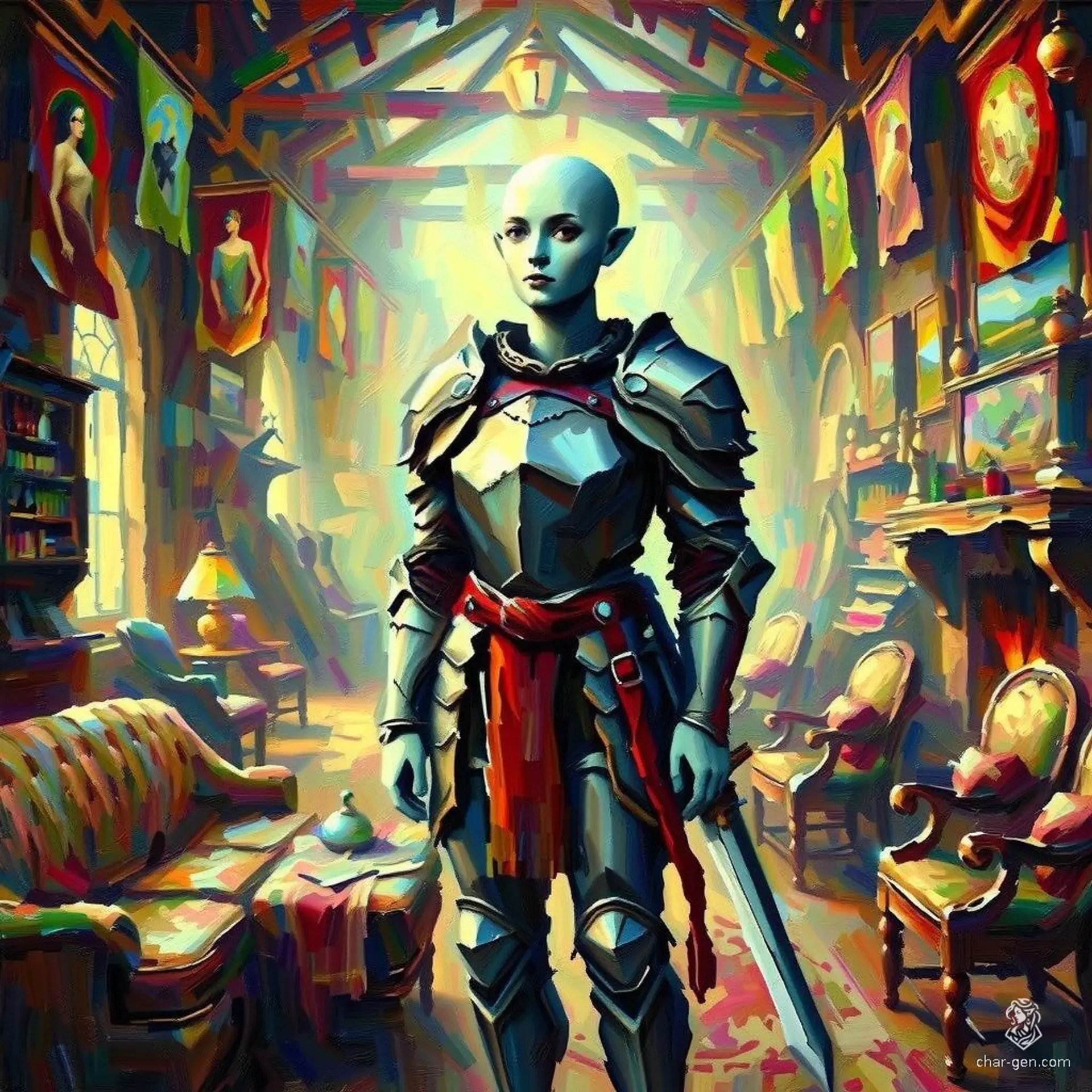 A doppelganger with fair, smooth skin, often wears chain armor, and can morph its appearance to mimic others. Its featureless face and sharp skin contrast make it a haunting, versatile infiltrator in any fantasy setting.