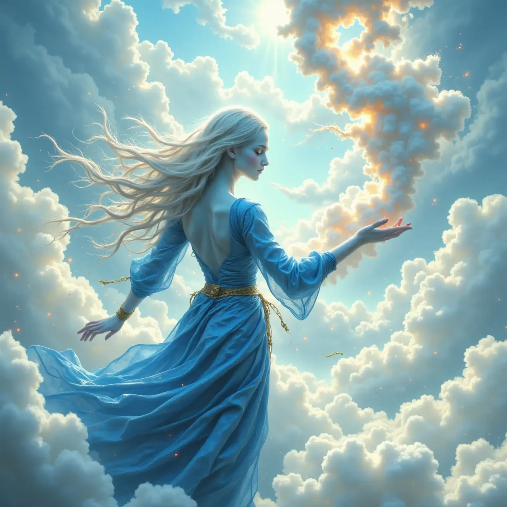 Azora, a 23-year-old Aether Elemental Windwalker, wields the power to shape clouds with her bare hands. Her ethereal, nearly translucent blue skin and poofy white hair evoke the essence of the skies, while her flowing blue dress, secured by a golden chain, accentuates her lithe form.