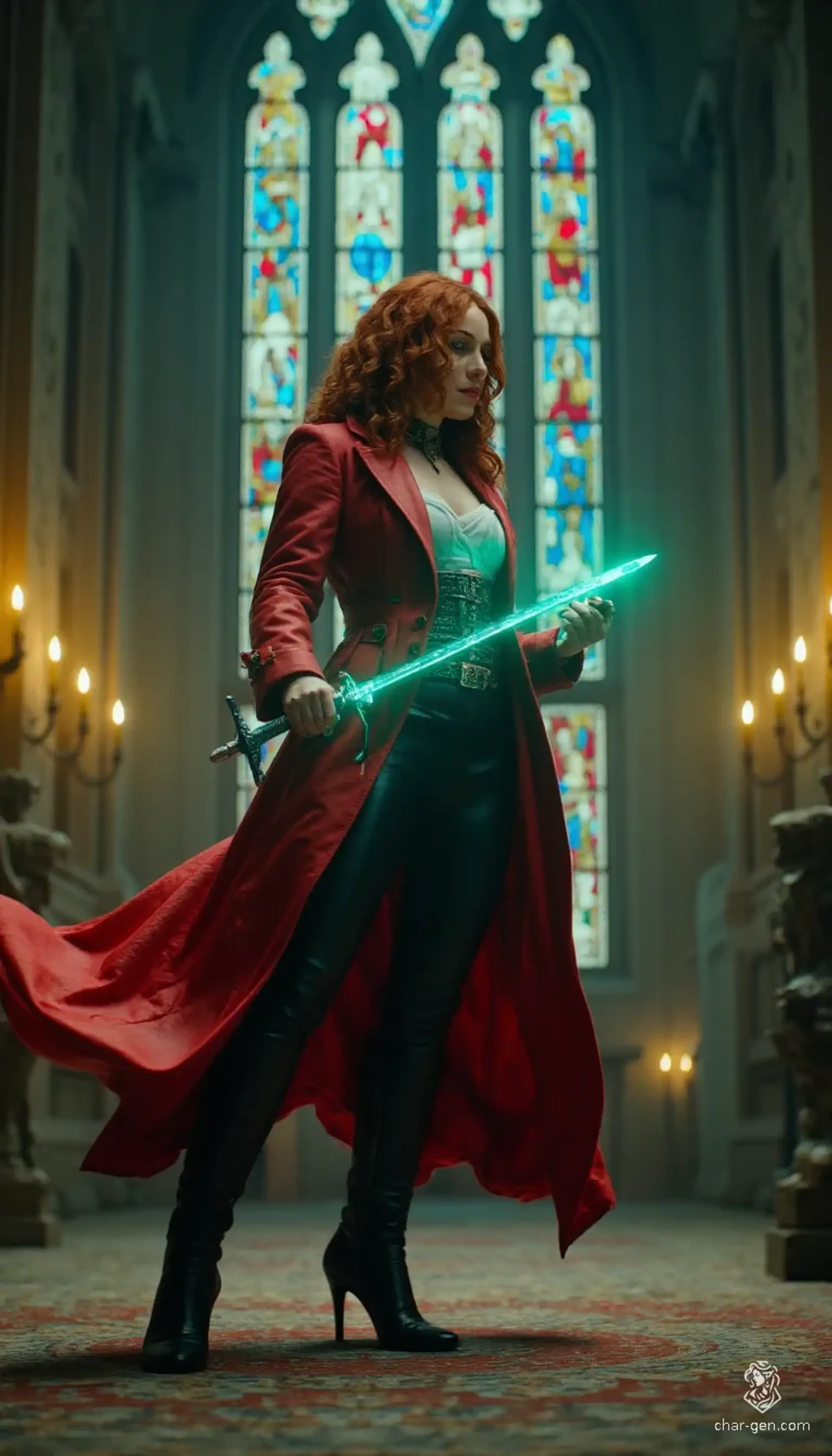 Jessica, a charming Astral Elf rogue and warlock, exudes an aura of magic with arcane sigils surrounding her. Clad in a striking crimson trench coat and skin-tight leather, she balances agility and allure, wielding a glowing psionic energy and a ready rapier amidst her stealthy mystique.