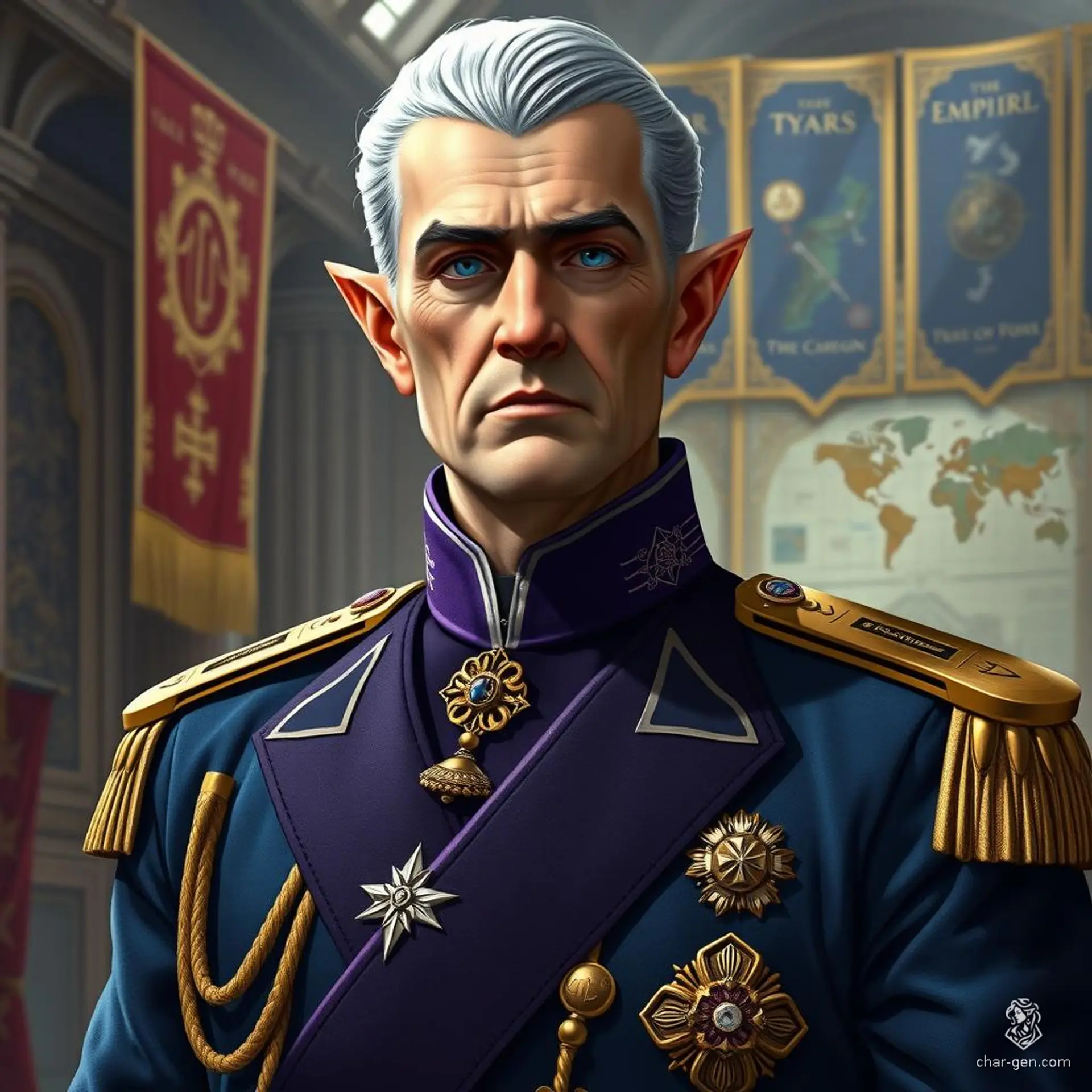 Lord Aelarion, a 153-year-old high elf, embodies regal authority with his slick silver hair and piercing blue eyes. Dressed in ornate military regalia of imperial blue and gold, he stands as the esteemed head strategist, radiating arrogance and superiority amidst the grandeur of the military academy.