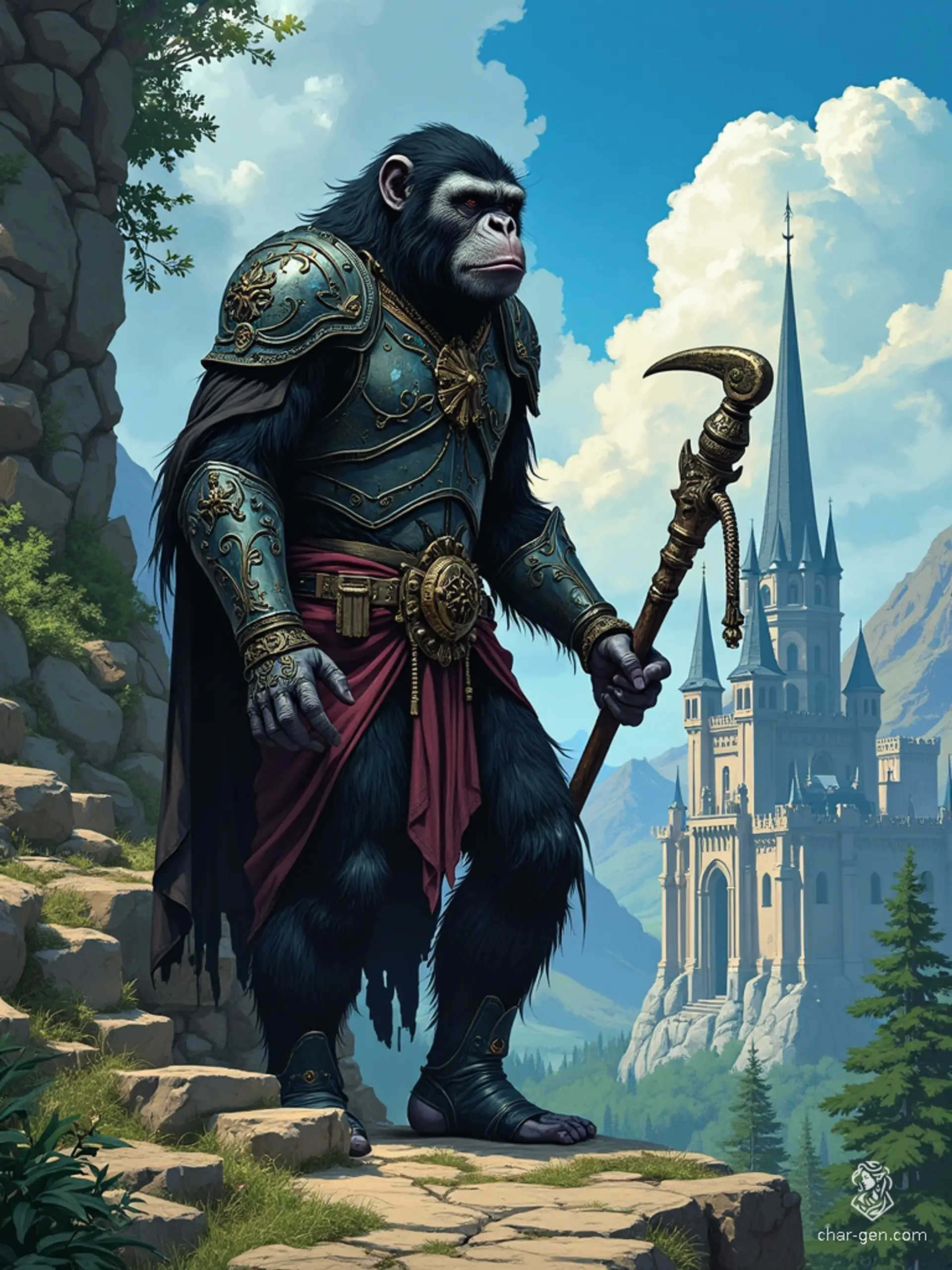 A hand-drawn, agile Hadozee unfolds in a 70s dark fantasy scene. This anthropomorphic ape, bearing simian features, exudes an ethereal, powerful presence, captured in intricate lines that echo the mystique and adventure of vintage fantasy illustrations.