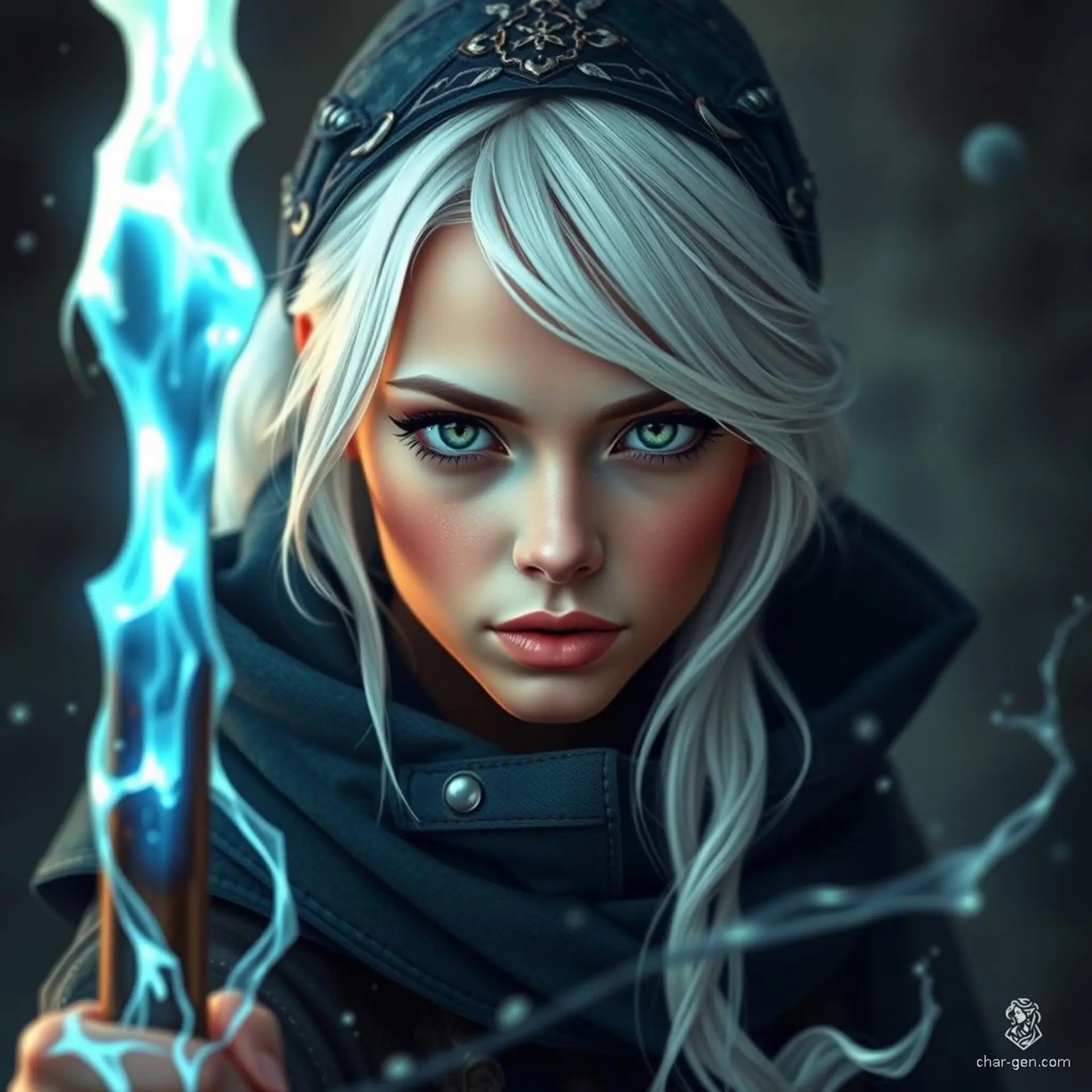 A powerful young human wizard, she possesses striking copper red skin and flowing white hair that contrasts with her vibrant green eyes. At just 18, her talent for magic is apparent, making her both captivating and formidable in the mystical realm she inhabits.