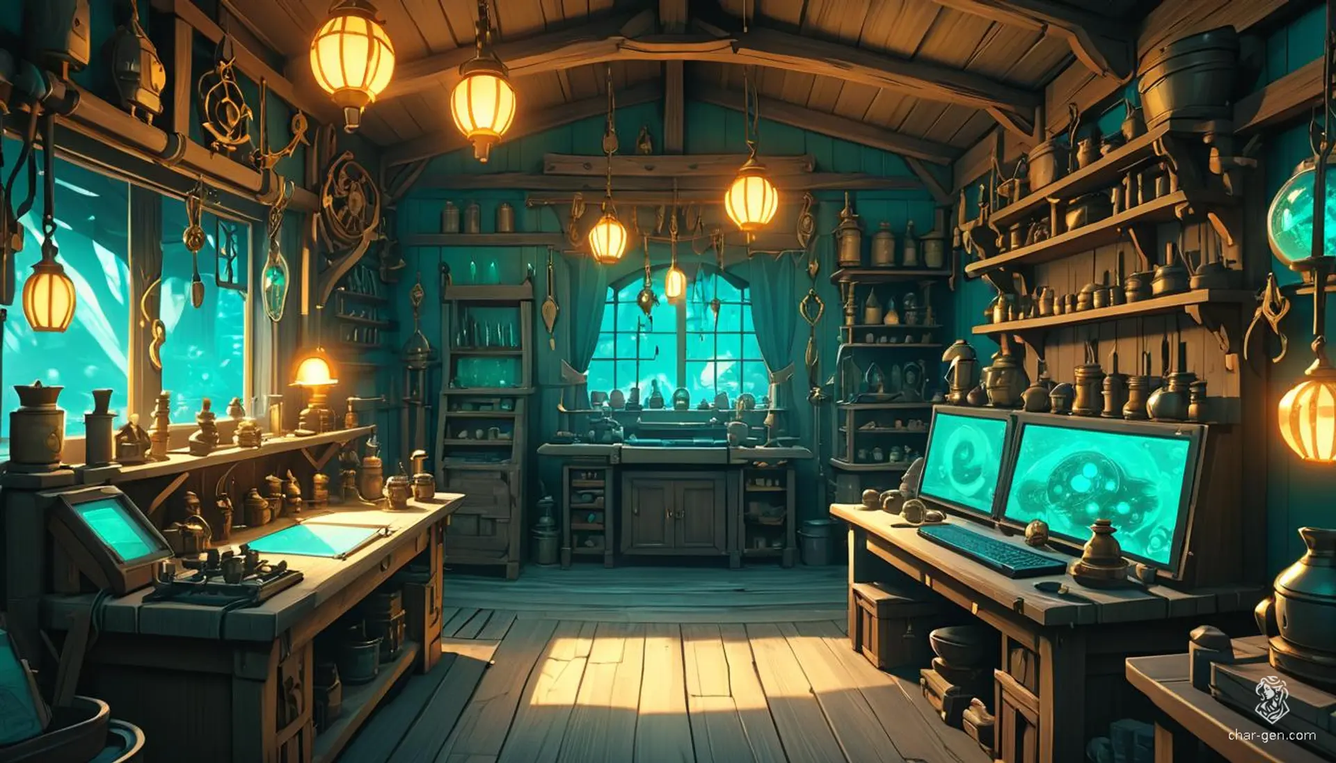 In a high fantasy realm, a tinkerer's workshop brims with intricate gadgets and glowing magical artifacts. Warm and inviting, this Ghibli-inspired shack features gold and teal accents, radiating an aura of endless innovation amidst its meticulously detailed, enchanted trinkets.
