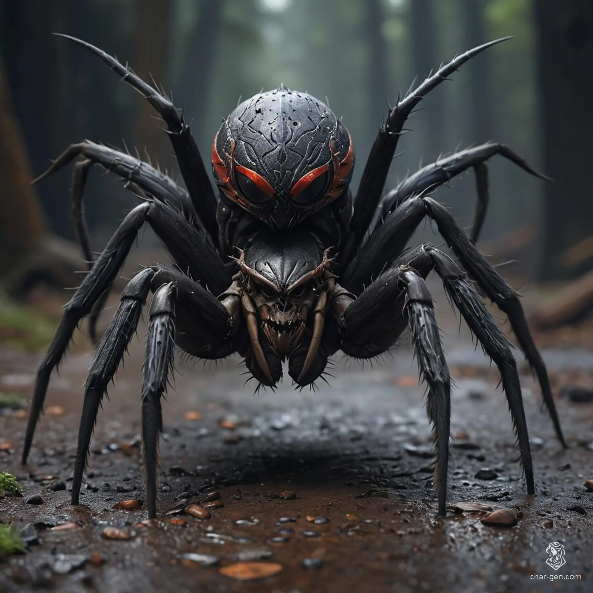 The Drider is a fearsome hybrid with the upper body of a drow dark elf and the lower body of a giant spider. It has eight legs, sharp fangs, and a venomous bite. Its bloodied skin texture contrasts starkly, enhancing its monstrous appearance.