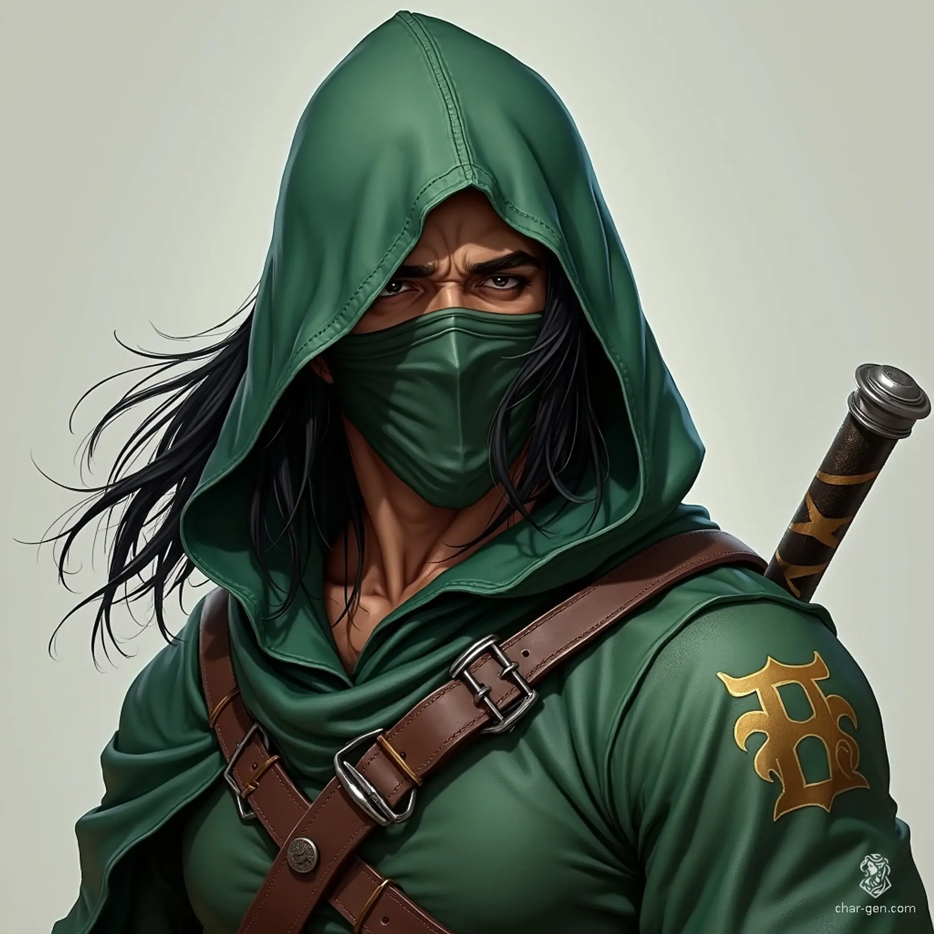 A shadow lurks in the night: a male half-orc rogue and assassin. With long black hair cascading beneath a green hooded cloak, his hidden face conceals lethal intent. Armed with a shortsword and dagger, he strikes silently, leaving only whispered tales of dread in his wake.