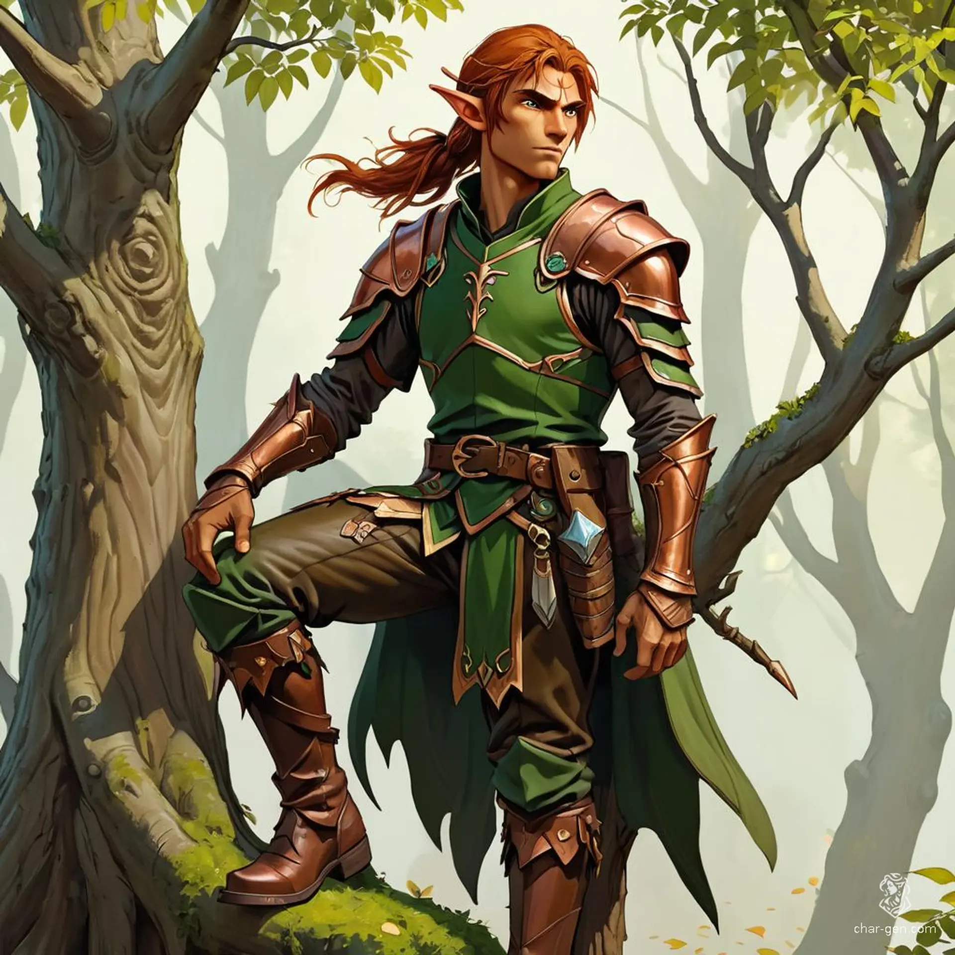 A wood elf ranger with shoulder-length copper hair intertwined with leaves and adorned in brown leather armor, perches agilely in a tree. His brown skin blends seamlessly with the natural surroundings, and sturdy boots anchor him as he surveys the forest with keen eyes.