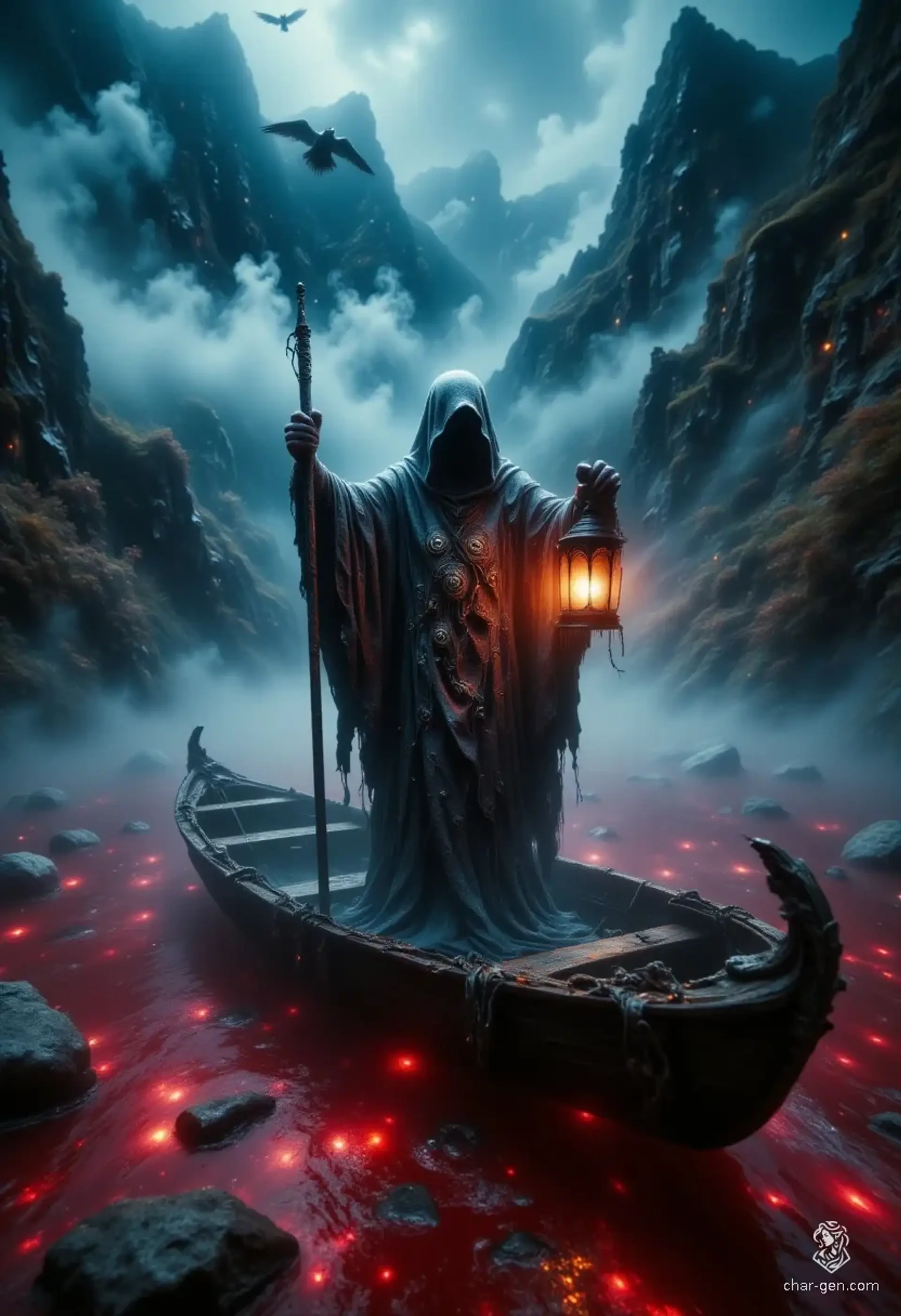 An ancient crone, her haggard features etched with the wisdom of ages, commands arcane forces. Her frail frame cloaked in tattered robes, she stands on an eerie vessel adrift in a blood-red sea. Surrounded by fog, she conjures whispers of lost souls, the dim glow of her lantern illuminating their haunting faces.