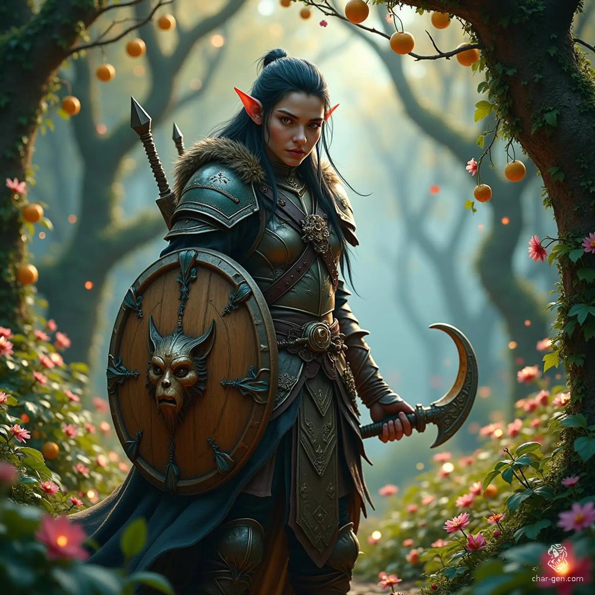 A male wood elf druid, adept in the art of hunting, melds with nature in lush forests and towering mountains. His fair skin and jet black hair contrast with the earth around him. Armed with a moon sickle and a wooden shield bearing an ancient face, he commands the primal forces of the wilderness.