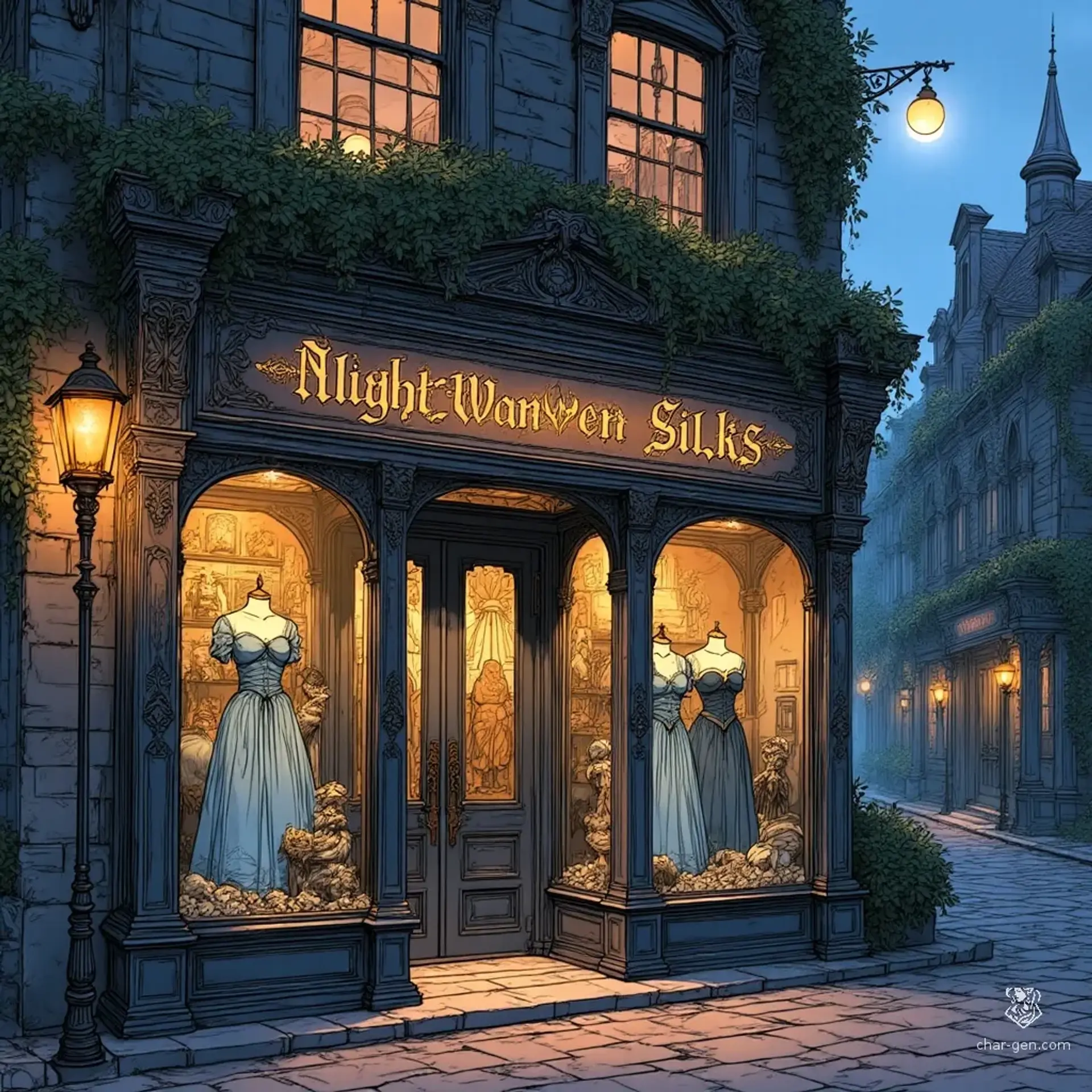 Nightwoven Silks & Corsetry - AI-generated fantasy Shop