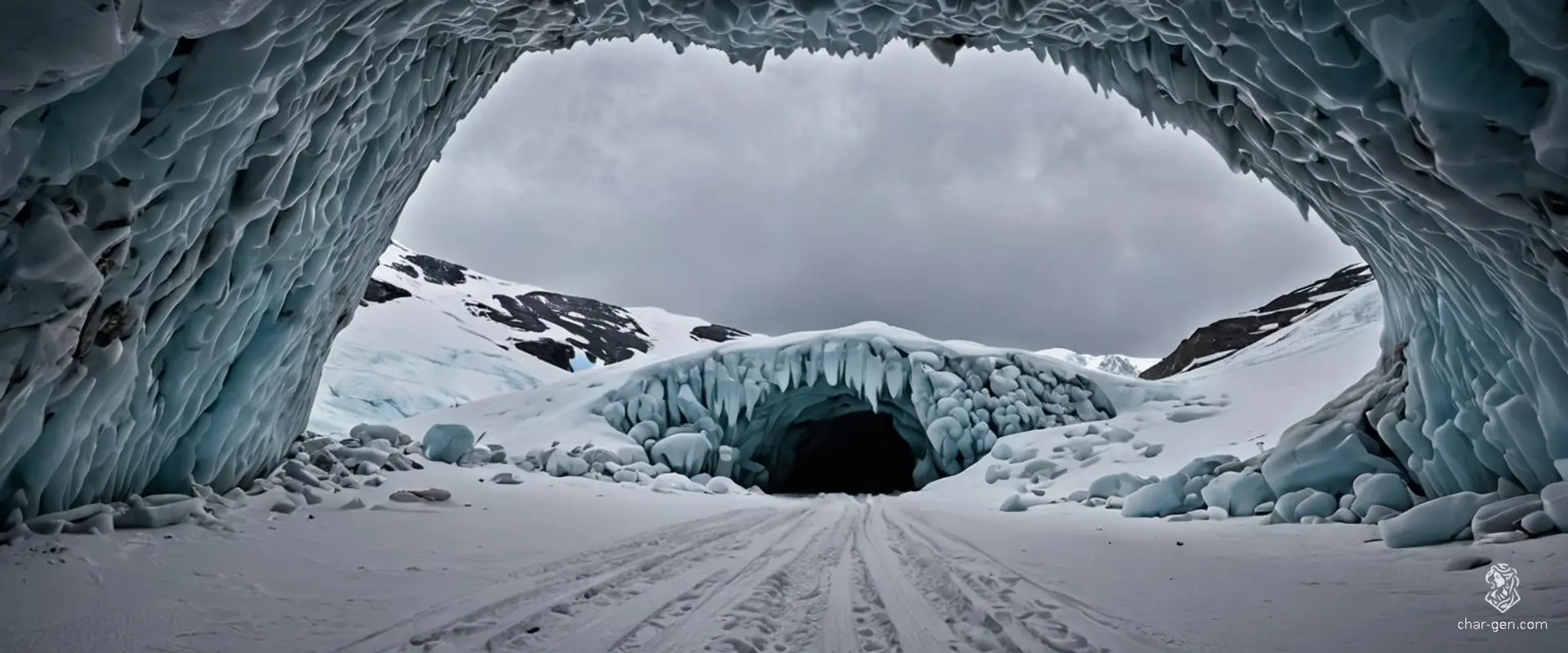 The entrance to the ice cave looms like a frozen maw, glistening icicles hanging ominously from its jagged edges. Beneath a brooding, cloud-cloaked sky, the landscape shimmers with shades of blue and white, while frigid winds whisper through the cavern’s depths, hinting at secrets long buried in ice.