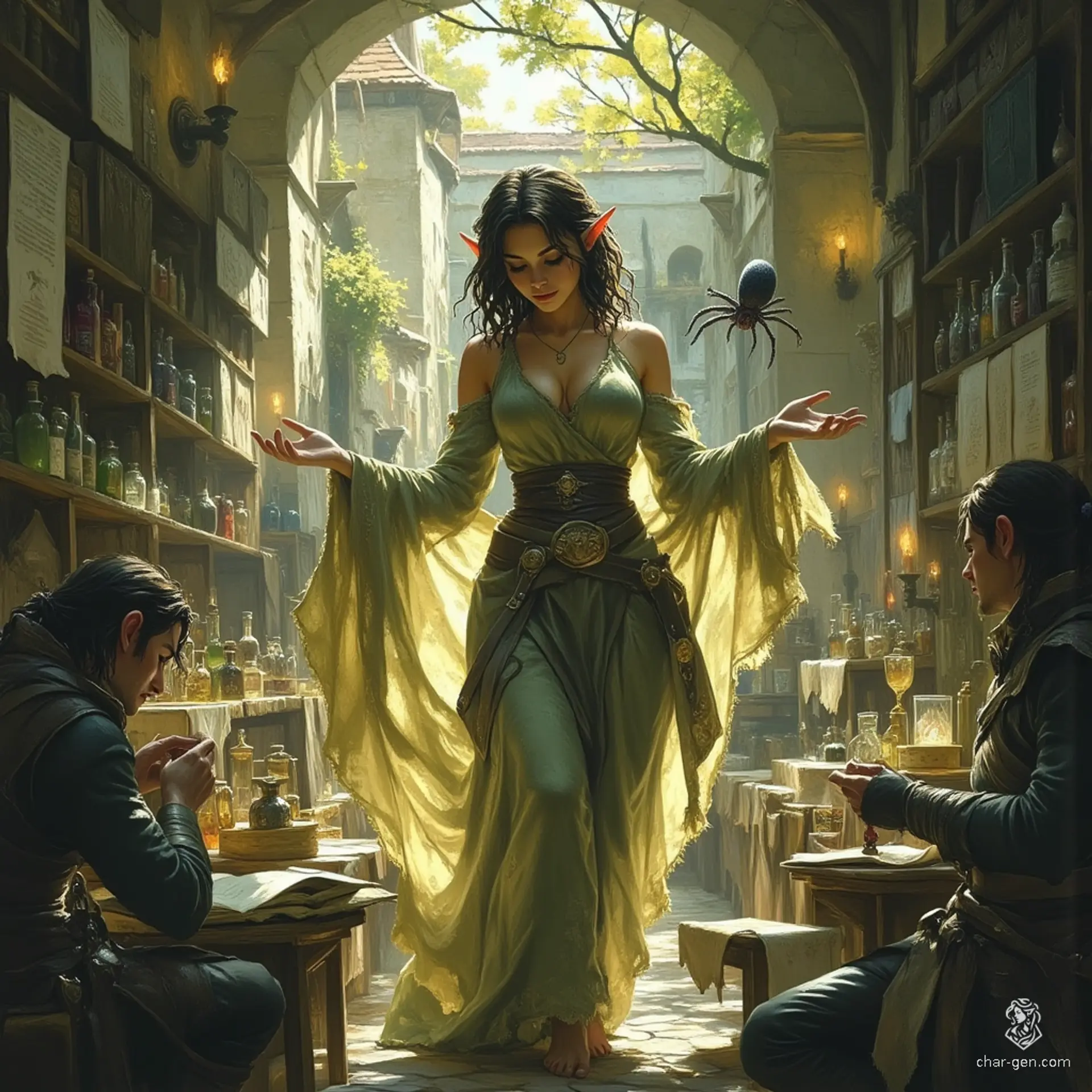 Meet Maryam, a graceful, tan-skinned elf forensic medicine investigator. With flowing tea-colored hair and bright topaz eyes, she balances curiosity and care. Dressed in practical, renaissance-inspired attire, she navigates her cozy alchemical lab, deeply engrossed in witchcraft and science, alongside her ghostly spider familiar.