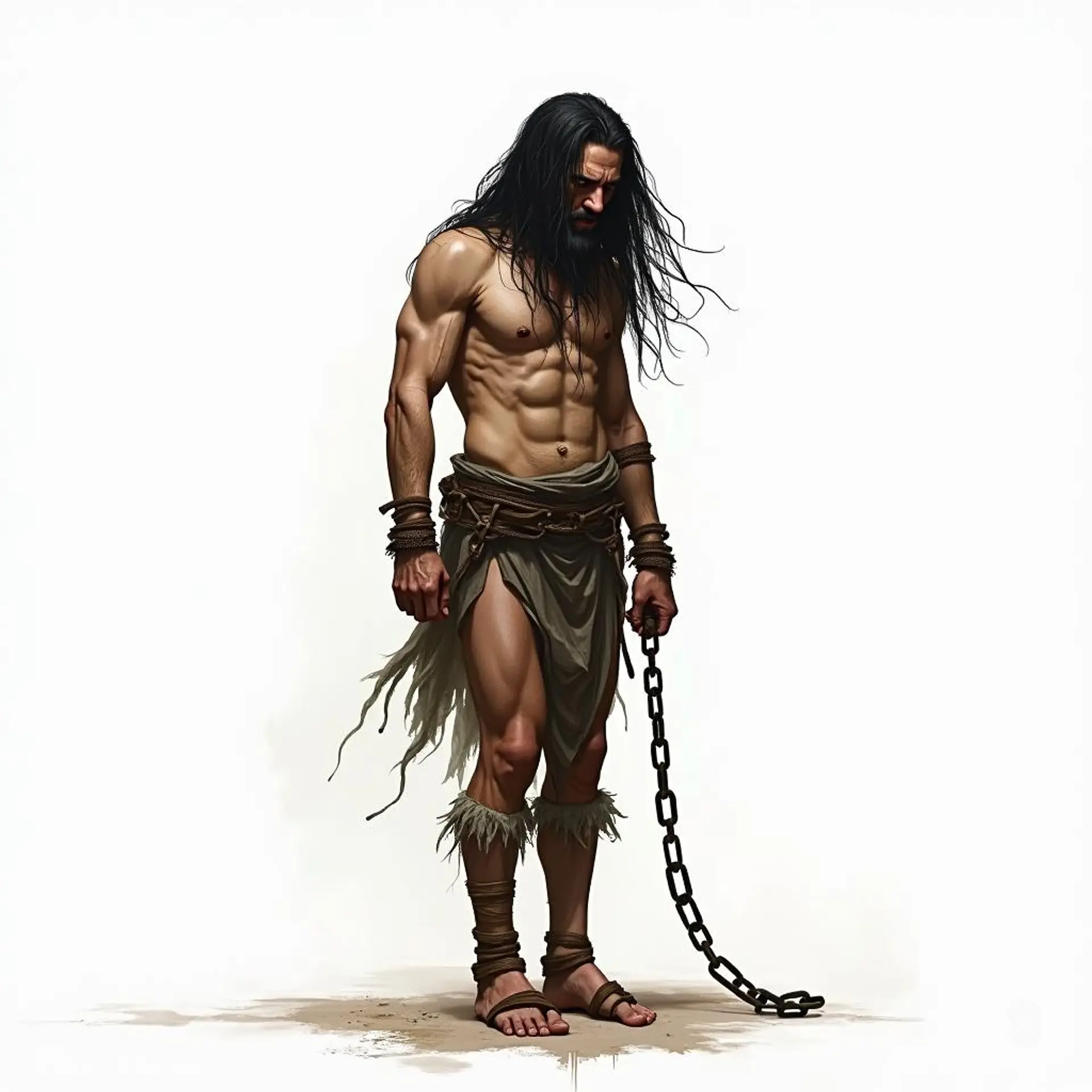 Meet Kael, a towering, gaunt figure shackled in chains, his long black hair framing a face etched with fury. Once a noble warrior, he now haunts the ethereal realm, embodying both anguish and resilience, captivating all with his majestic, otherworldly presence.