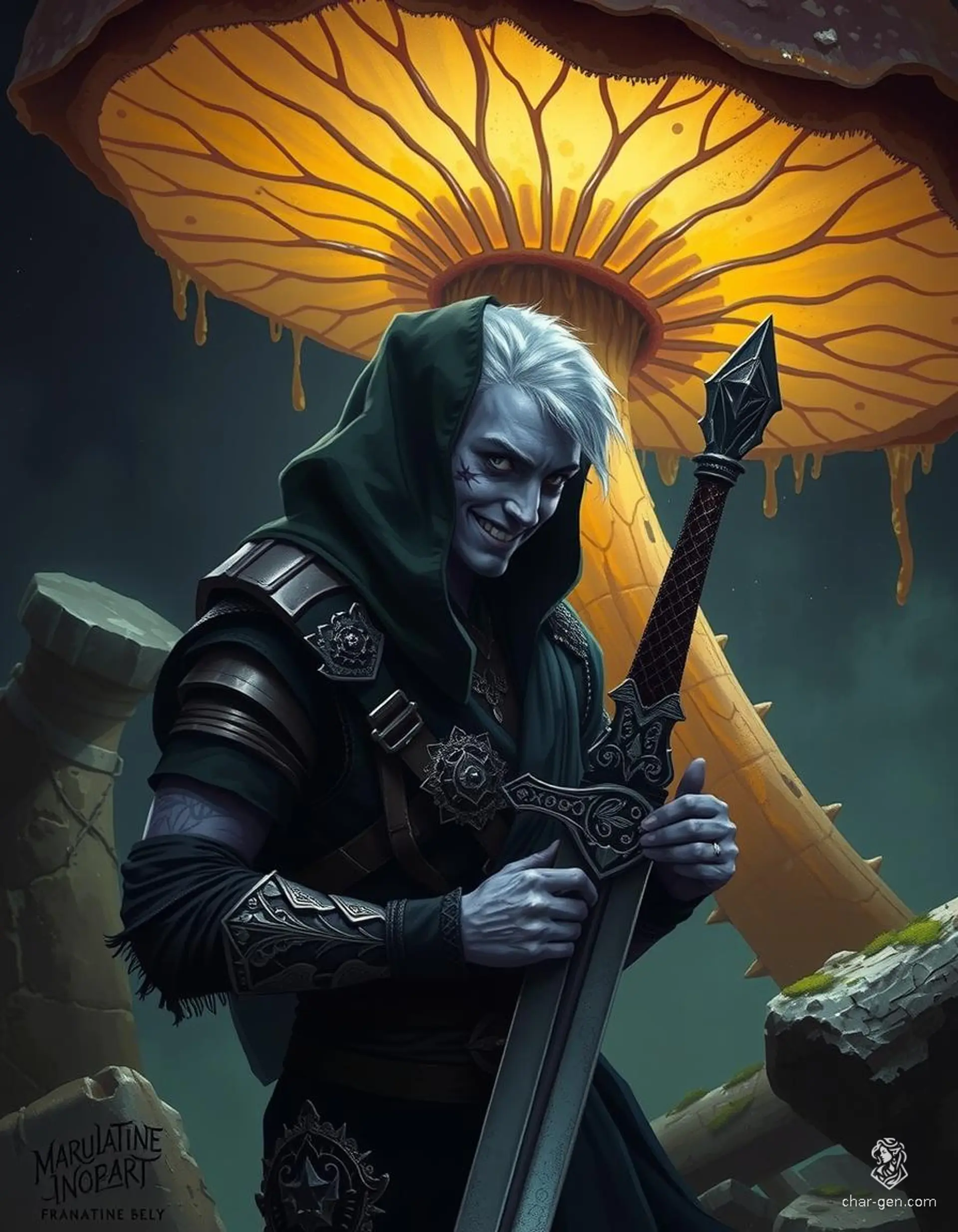 A young, smiling Drow with dark purple skin, clad in adamantine scale mail and dark clothing, examines his shining longsword. His white hair peeks from beneath a beaked hood, revealing an ebony right eye marked with a sprawling tattoo. He treads the Underdark beneath a massive, glowing mushroom.