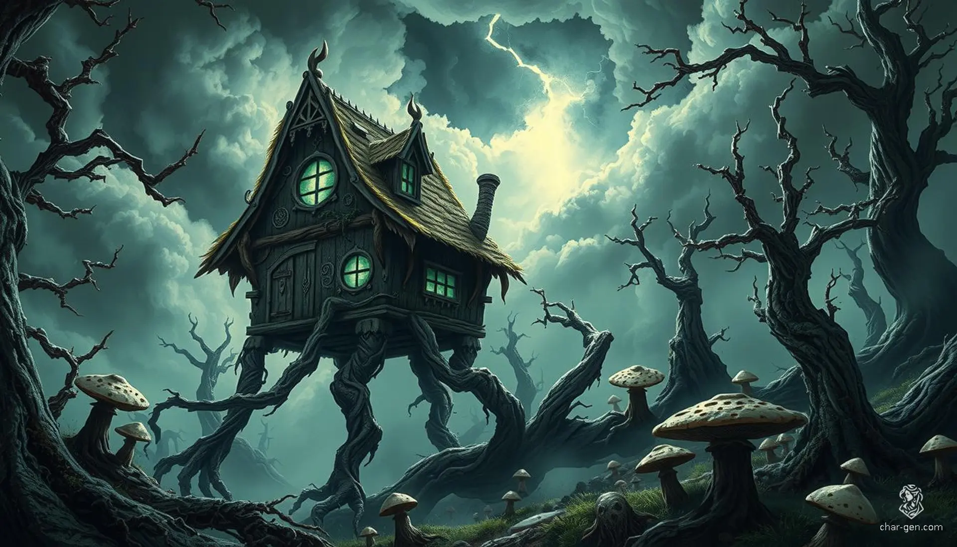 In the heart of a dark, enchanted forest, Baba Yaga's infamous hut stands ominously on colossal, sinewy chicken legs, each gnarled claw digging into the misty earth. The ancient, twisted wooden walls are covered in moss and glowing runes, casting an eerie green light through warped windows. Towering, twisted trees and glowing mushrooms fill the foreboding landscape, while storm clouds and flashes of lightning illuminate the scene, embodying the essence of dark magic and hidden dangers in a rich, dramatic Dungeons & Dragons style.