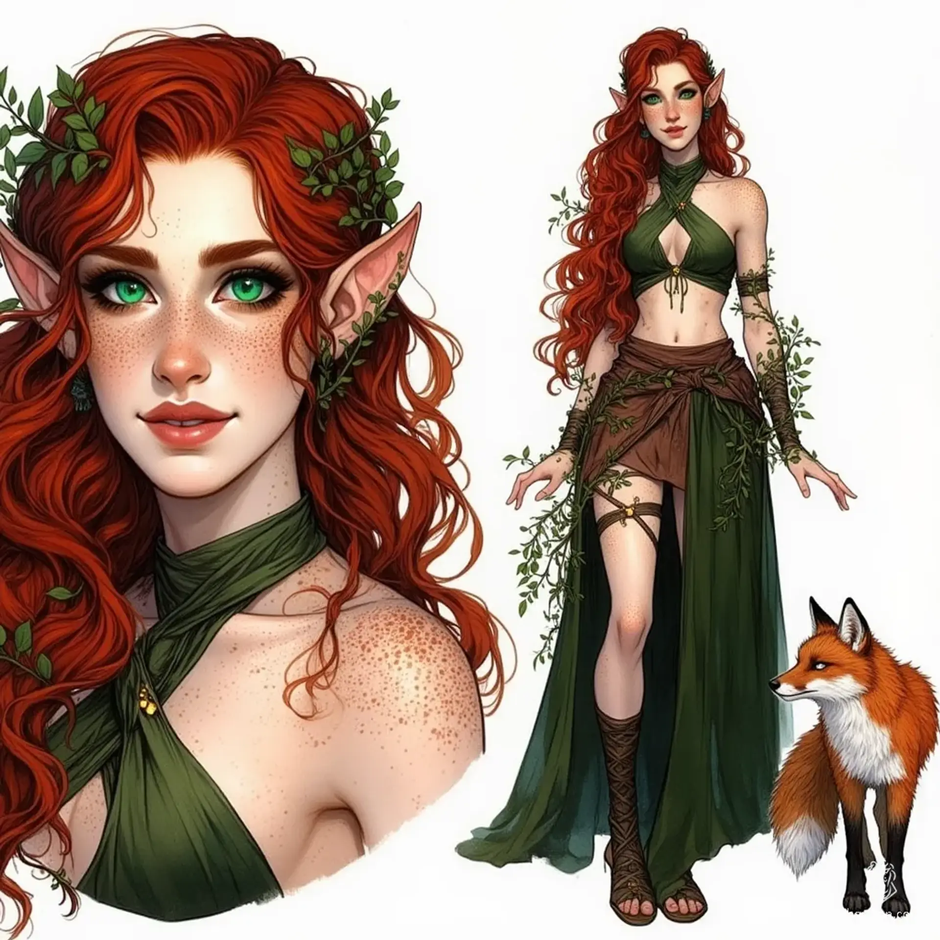 Lyra, a beautiful half-elf druid in her thirties, exudes earthy elegance. Her bold cherry red hair, adorned with intertwining vines, frames her freckled, pale face. Green tribal tattoos grace her skin, while a loyal fox companion at her side complements her mastery of herbal potions and nature's magic.