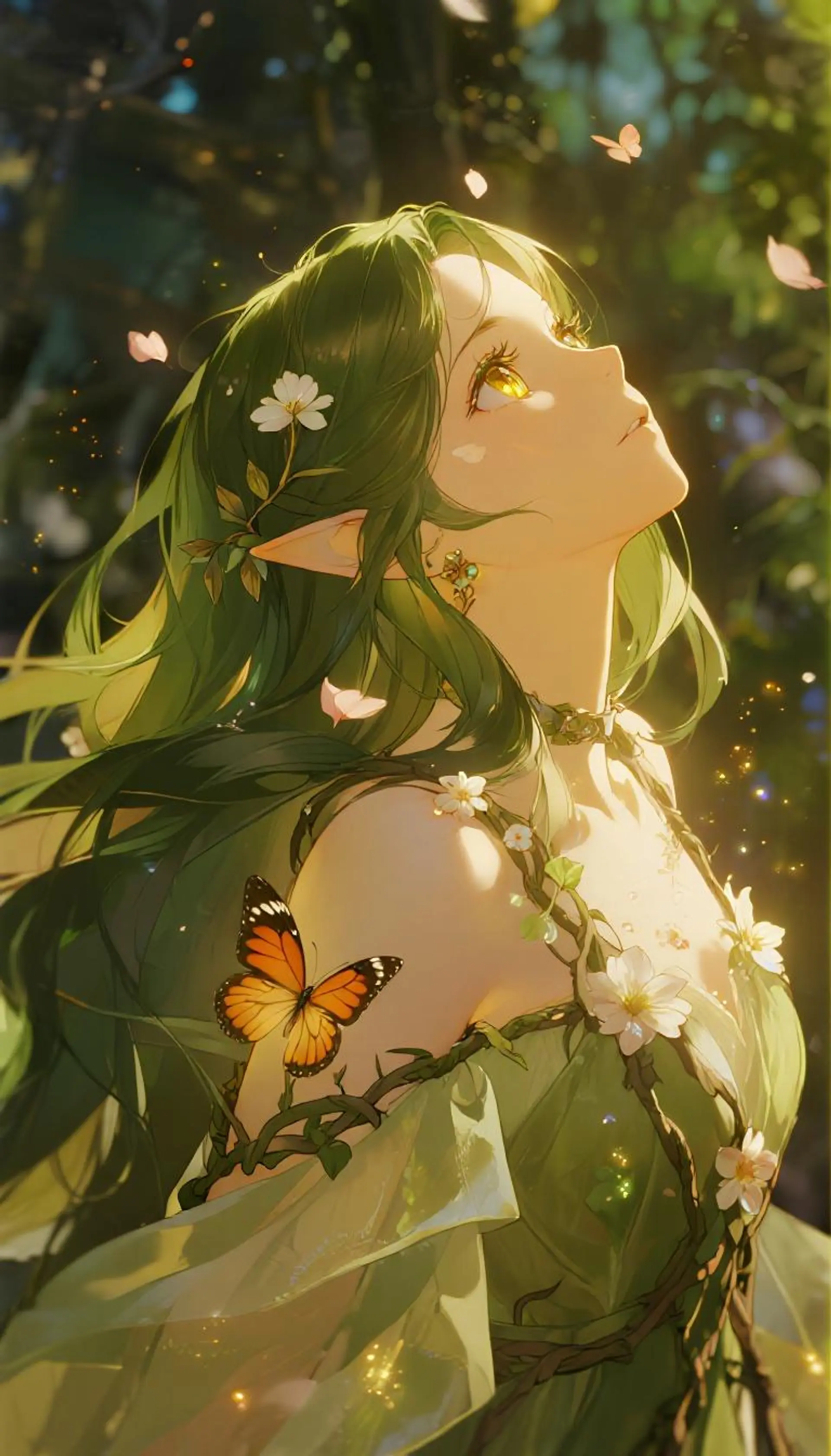 A radiant fey sorceress with long emerald hair and liquid-gold eyes, her vine-wrapped silk dress studded with glowing flowers. Butterfly wings shimmer in sunlight as magical petals swirl around her—an enchanting, cinematic presence amid the bokeh of an ancient enchanted forest.