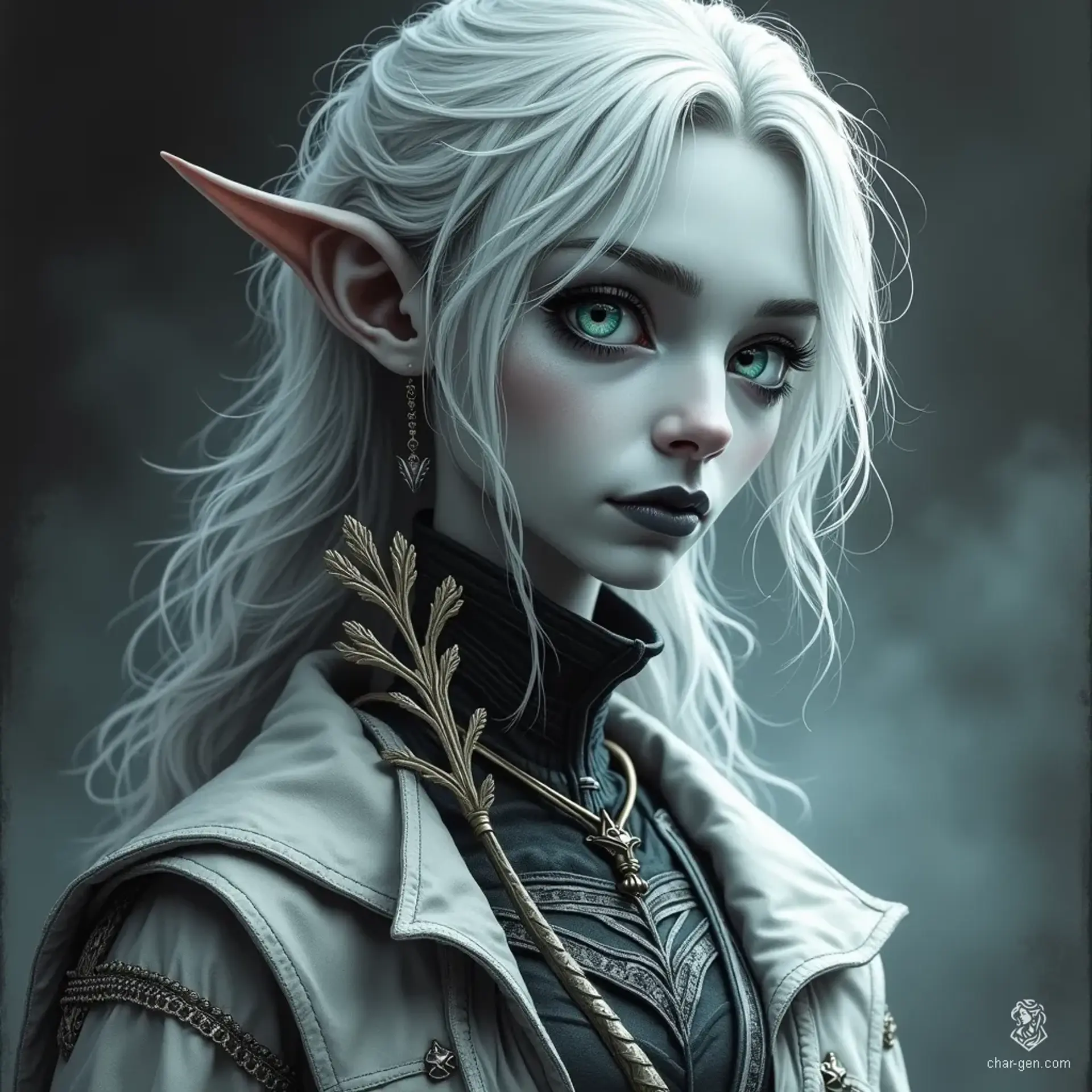 Deliri, an enigmatic changeling bard, embodies a haunting beauty with their pale, translucent skin and wispy silver-white hair. This androgynous figure captivates audiences with their musical talents, wielding a dagger and enchanting presence, forever balancing the duality of performance and identity amidst swirling shadows.