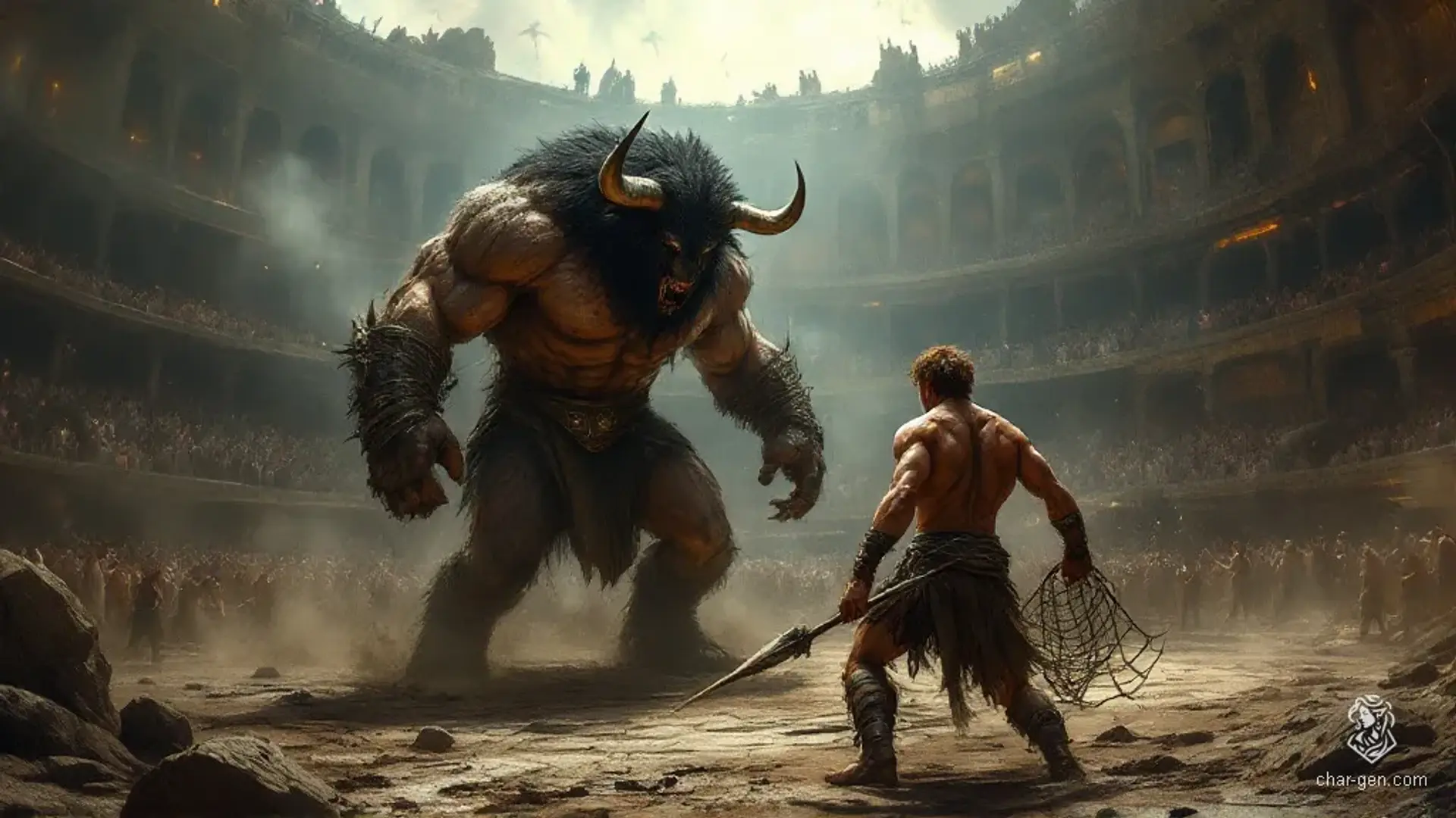 In a grand colosseum, a muscular human fighter confronts a ferocious minotaur. Armed with a spear and net, he stands determined, sweat mingling with dirt on his tanned skin. Spectators roar as the minotaur, wielding a massive spiked club, prepares to strike in this epic duel.