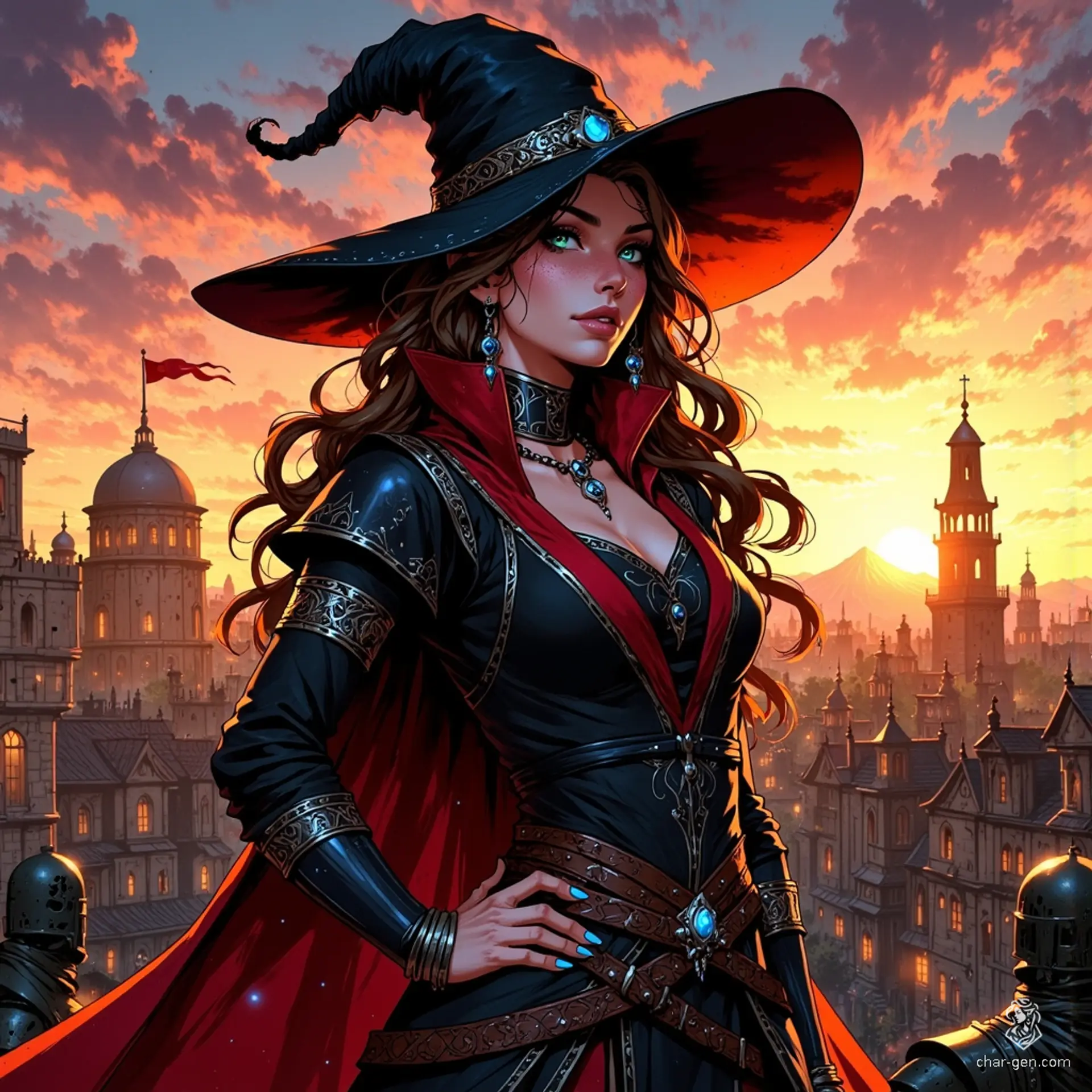 In a vibrant, twilight-lit medieval city, a captivating woman with flowing brown hair and striking green eyes stands defiantly atop a rooftop. Dressed in a sleek black cassock adorned with red and silver, she smirks playfully beneath her feathered hat, evading pursuing guards with an air of enchantment.