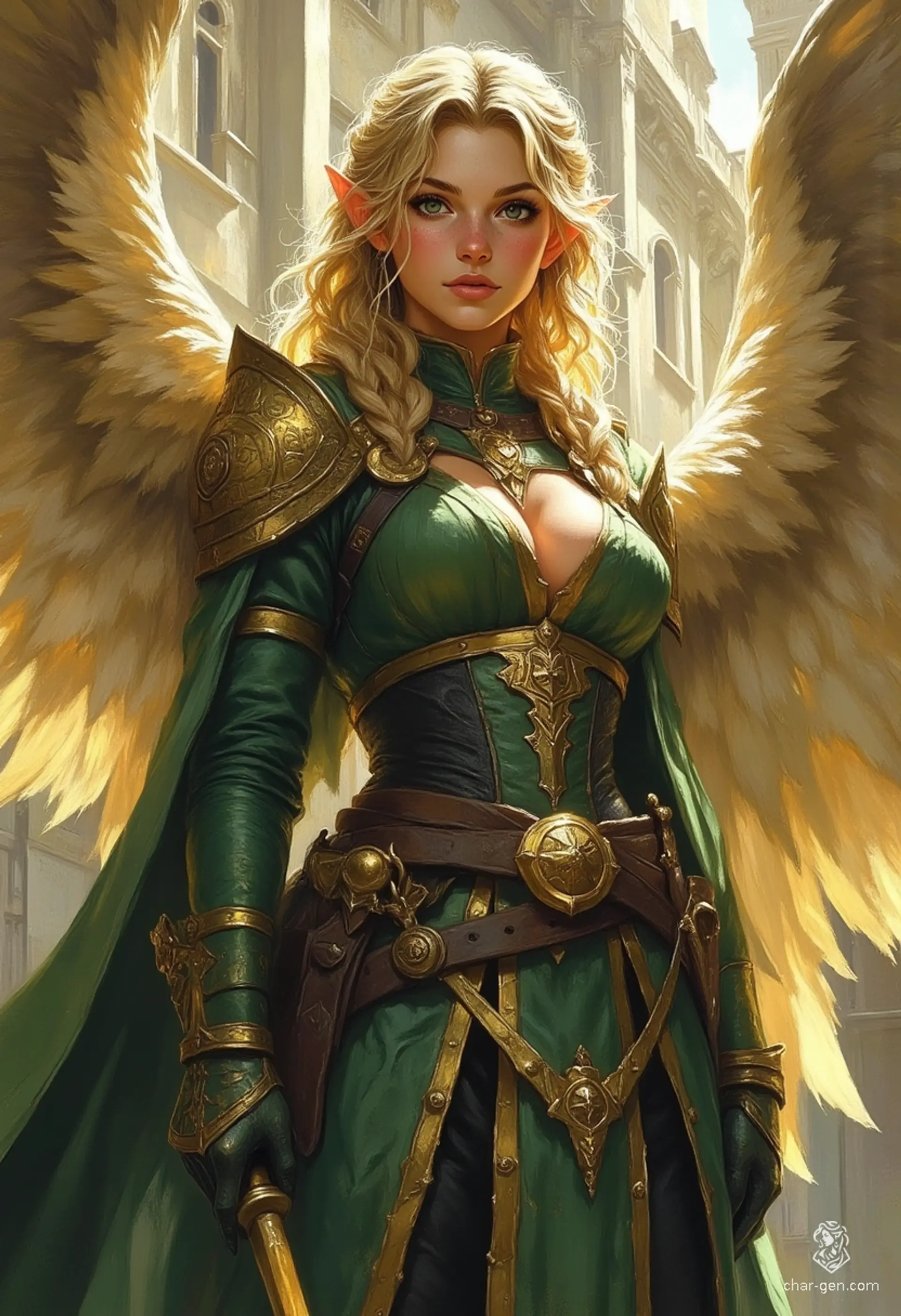 Sigarda, the radiant angel, floats majestically against a vibrant sky, draped in glimmering green and gold armor. Her golden hair cascades around a striking visage, highlighted by brilliantly glowing eyes. Grasping a magical sword, she embodies beauty and strength in a painterly style rich with color and emotion.