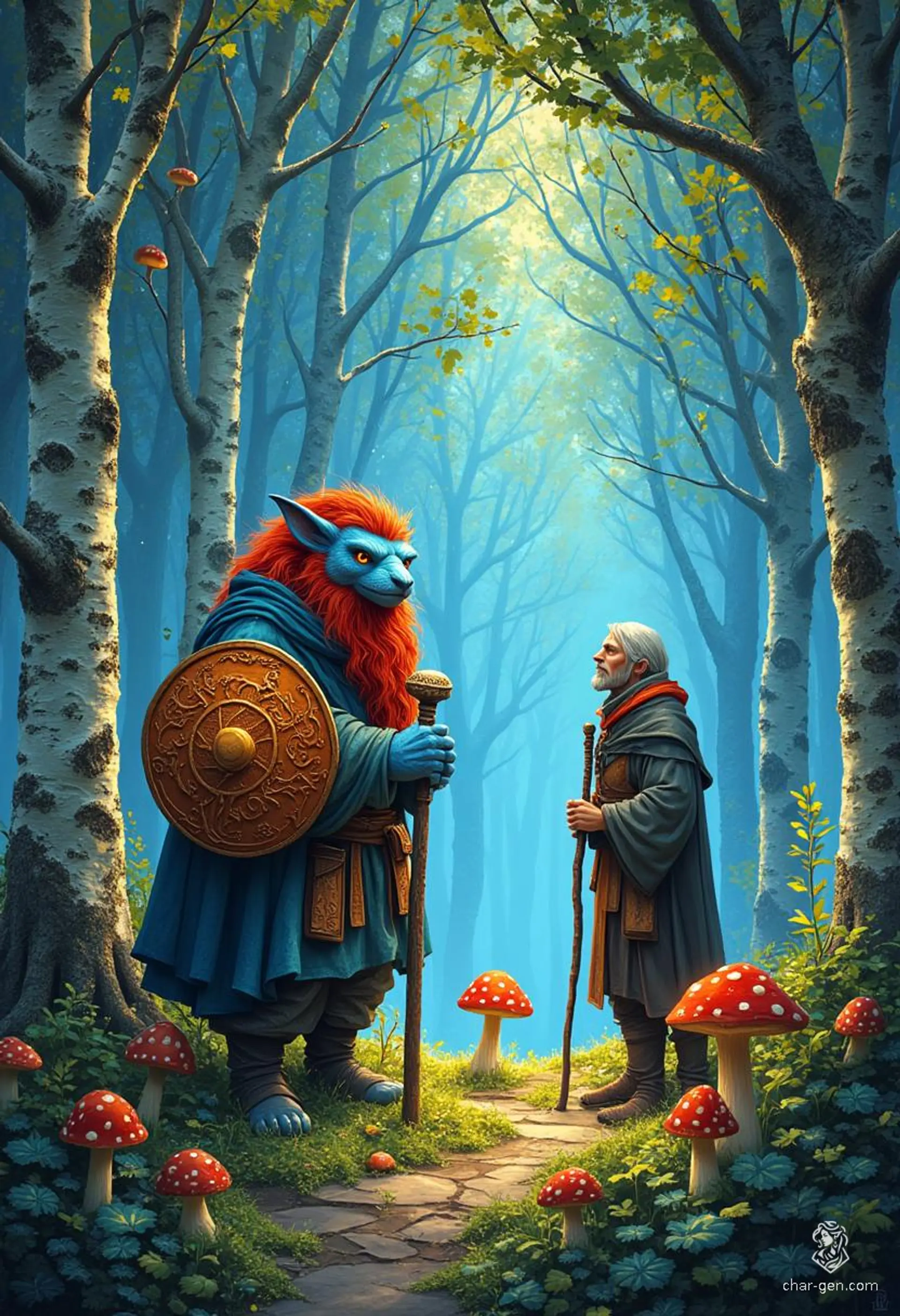 Gerald is a gentle firbolg cleric, standing tall with light blue skin and striking red hair. His serene demeanor is enhanced by his prominent holy symbol and intricately detailed shield. A wise sage, he wields a quarterstaff and embodies a beauty that reflects truth, yet struggles with secrecy.