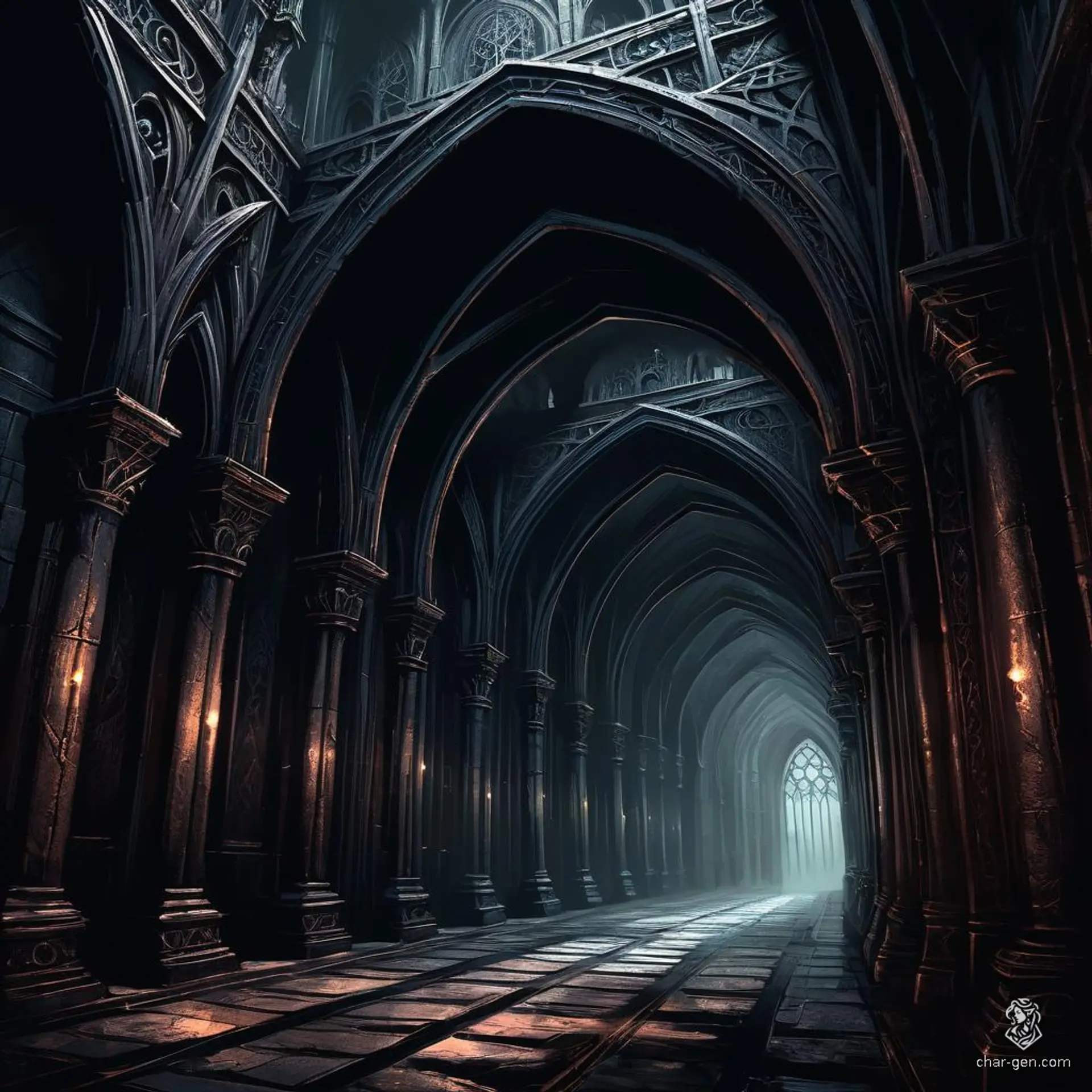In a vast gothic hall, intricate portals stand tall amidst swirling mystical energy. The dark, muted color palette and dramatic lighting create a high-contrast, eerie atmosphere. Each portal's detailed textures and complex shading whisper of otherworldly realms, encompassed by deep shadows and soft gradients, exuding a fantasy horror aesthetic.