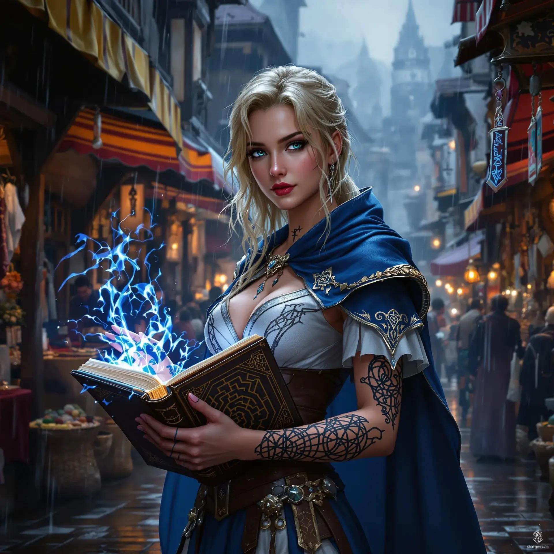 Regina, a young adult wizard and stealthy Volstrucker Agent of the Cerberus Assembly, dons blue and silver robes accentuated by black maze-like tattoos on her forearms. Once decapitated, she now navigates the shadows as an undead enforcer, her blonde hair framing her scarred neck under the gloom of a stormy sky.